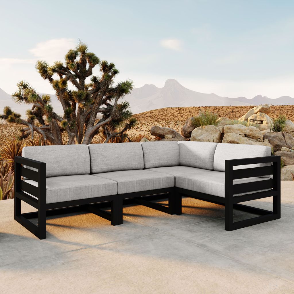 The appearance of Avion 4 Piece Sectional Set In Cast Silver and Black designed by Harmonia Living in the transitional interior design. This cast silver/black piece of furniture was selected by 1StopBedrooms from Avion Collection to add a touch of cosiness and style into your home. Sku: HL-AVN-BK-4SEC-CS. Material: Aluminum.