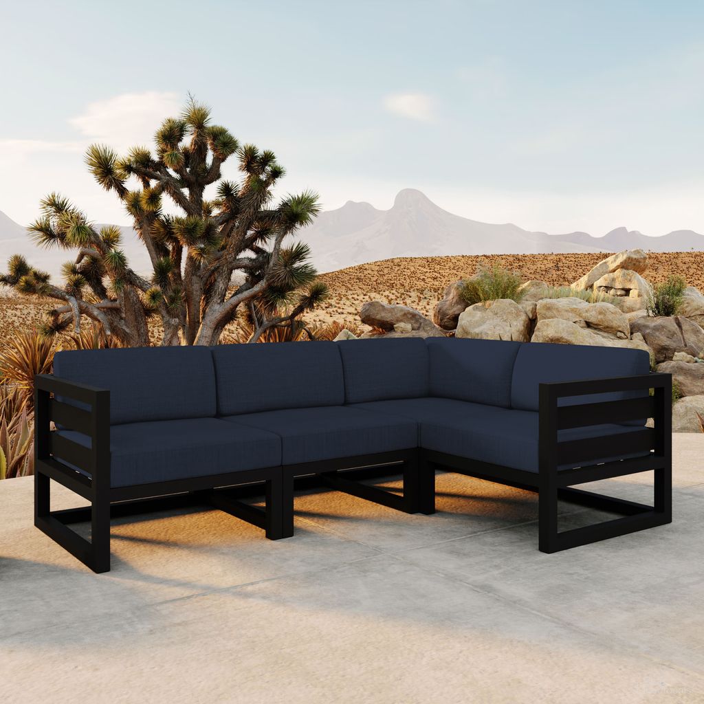 The appearance of Avion 4 Piece Sectional Set In Spectrum Indigo and Black designed by Harmonia Living in the transitional interior design. This spectrum indigo/black piece of furniture  was selected by 1StopBedrooms from Avion Collection to add a touch of cosiness and style into your home. Sku: HL-AVN-BK-4SEC-IN. Material: Aluminum.
