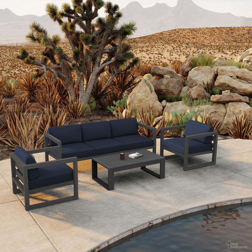 The appearance of Avion 4 Piece Sofa Set In Spectrum Indigo and Slate designed by Harmonia Living in the transitional interior design. This spectrum indigo/slate piece of furniture was selected by 1StopBedrooms from Avion Collection to add a touch of cosiness and style into your home. Sku: AVN-SL-SET135-IN. Material: Aluminum.