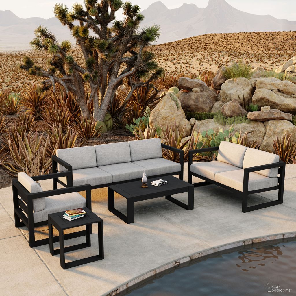 The appearance of Avion 5 Piece Sofa Set In Cast Silver and Black designed by Harmonia Living in the transitional interior design. This cast silver/black piece of furniture was selected by 1StopBedrooms from Avion Collection to add a touch of cosiness and style into your home. Sku: HL-AVN-BK-5SS-CS. Material: Aluminum.