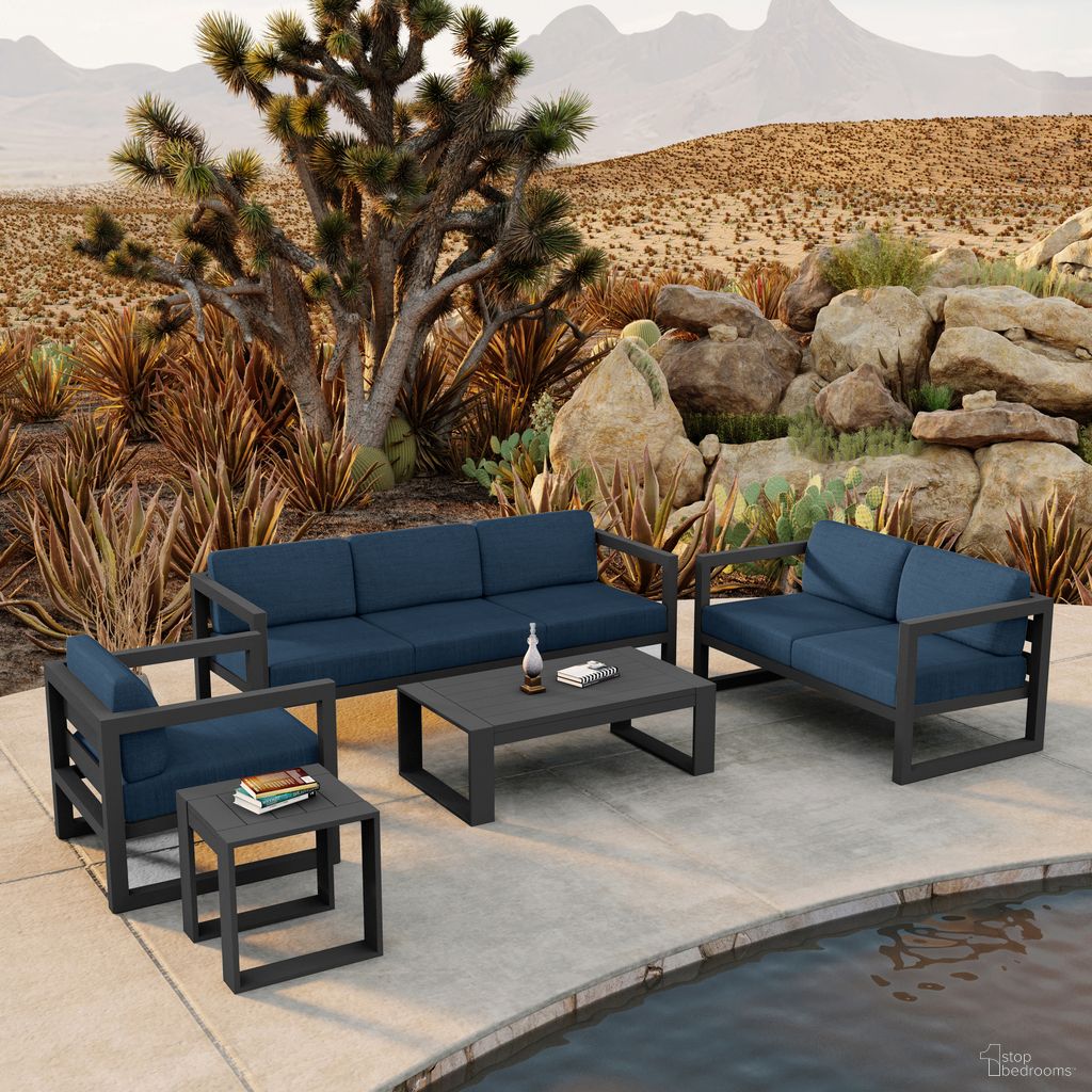 The appearance of Avion 5 Piece Sofa Set In Spectrum Indigo and Slate designed by Harmonia Living in the transitional interior design. This spectrum indigo/slate piece of furniture was selected by 1StopBedrooms from Avion Collection to add a touch of cosiness and style into your home. Sku: HL-AVN-SL-5SS-IN. Material: Aluminum.