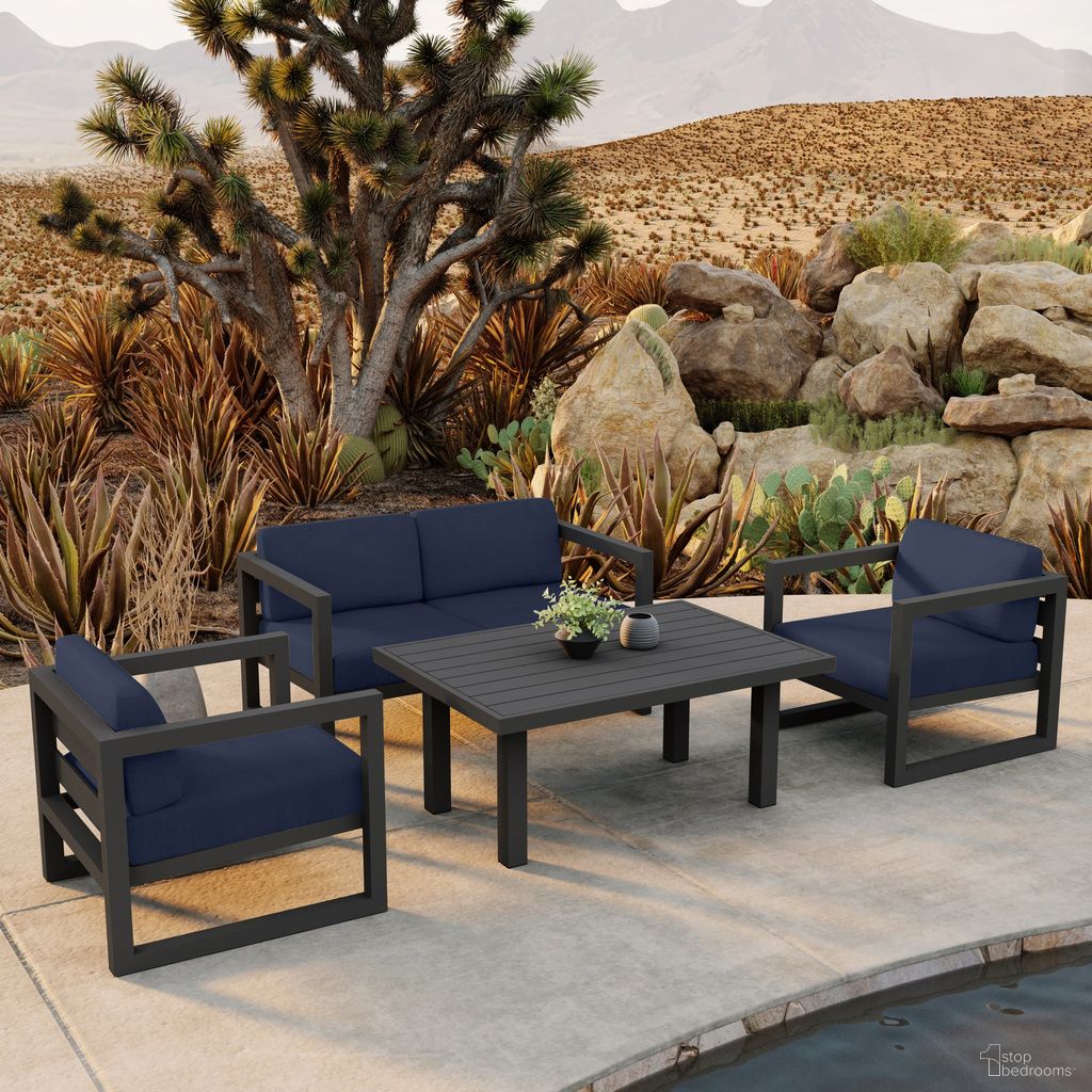 The appearance of Avion Classic 4 Piece Sofa Set In Spectrum Indigo and Slate designed by Harmonia Living in the transitional interior design. This spectrum indigo/slate piece of furniture  was selected by 1StopBedrooms from Avion Collection to add a touch of cosiness and style into your home. Sku: AVN-SL-SET114-IN. Material: Aluminum.