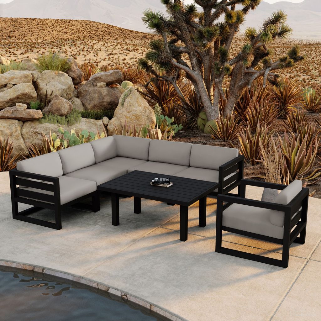 The appearance of Avion Classic 7 Piece Sectional Set In Canvas Charcoal and Black designed by Harmonia Living in the transitional interior design. This canvas charcoal/black piece of furniture was selected by 1StopBedrooms from Avion Collection to add a touch of cosiness and style into your home. Sku: AVN-BK-SET212-CC. Material: Aluminum.