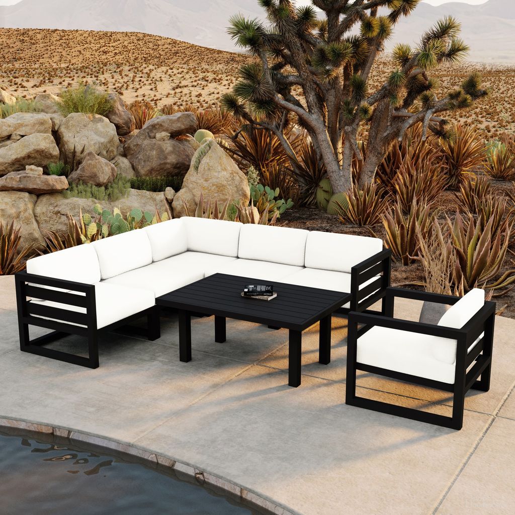 The appearance of Avion Classic 7 Piece Sectional Set In Canvas Natural and Black designed by Harmonia Living in the transitional interior design. This canvas natural/black piece of furniture was selected by 1StopBedrooms from Avion Collection to add a touch of cosiness and style into your home. Sku: AVN-BK-SET212-CN. Material: Aluminum.
