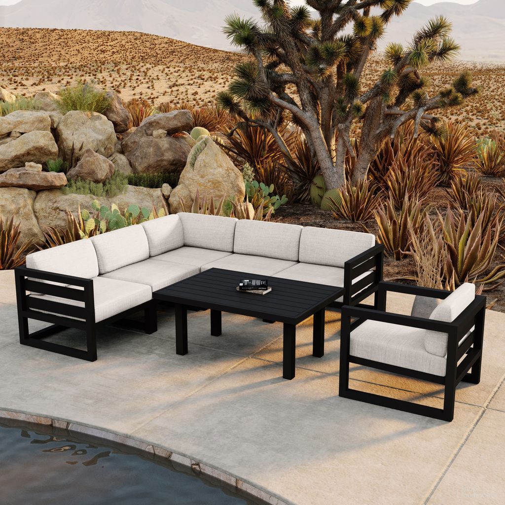 The appearance of Avion Classic 7 Piece Sectional Set In Cast Silver and Black designed by Harmonia Living in the transitional interior design. This cast silver/black piece of furniture was selected by 1StopBedrooms from Avion Collection to add a touch of cosiness and style into your home. Sku: AVN-BK-SET212-CS. Material: Aluminum.