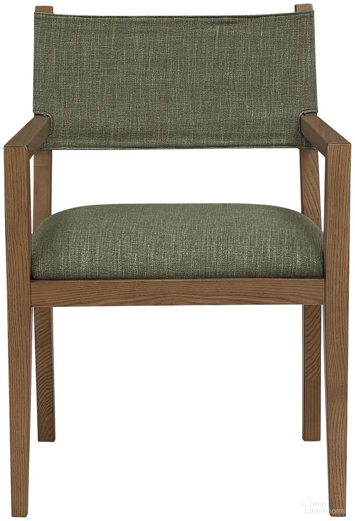 The appearance of Avon Linen Textured Performance Fabric Upholstered Dining Arm Chair In Olive and Stained Walnut designed by Meridian in the modern / contemporary interior design. This olive/stained walnut piece of furniture was selected by 1StopBedrooms from Avon Collection to add a touch of cosiness and style into your home. Sku: 88014Olive-AC. Material: Linen. Chair Type: Arm Chair.