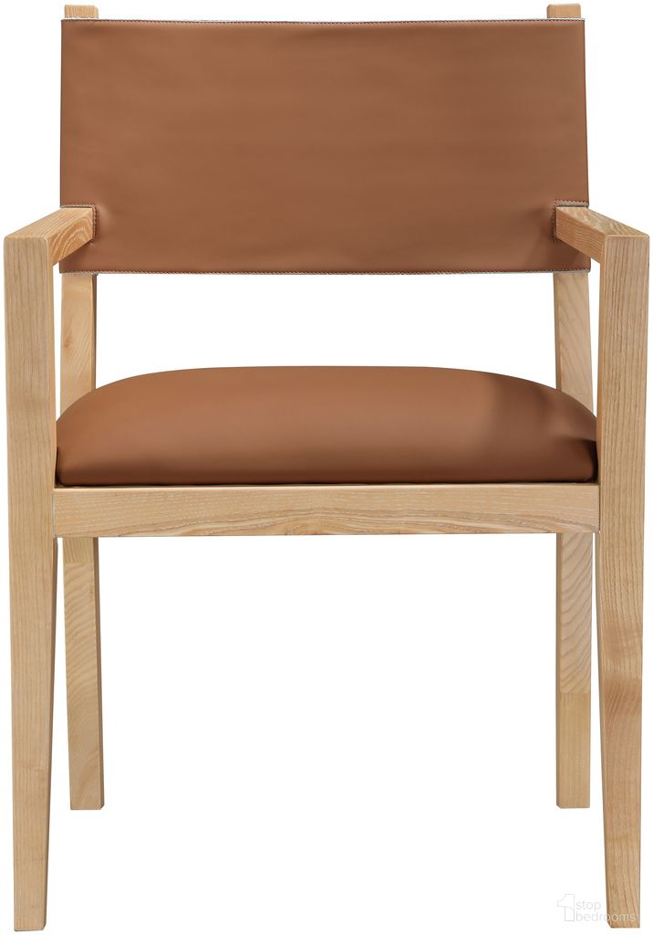 The appearance of Avon Vegan Leather Dining Arm Chair In Cognac and Stained Natural designed by Meridian in the modern / contemporary interior design. This cognac/stained natural piece of furniture  was selected by 1StopBedrooms from Avon Collection to add a touch of cosiness and style into your home. Sku: 88016Cognac-AC. Chair Type: Arm Chair. Material: Vegan Leather.