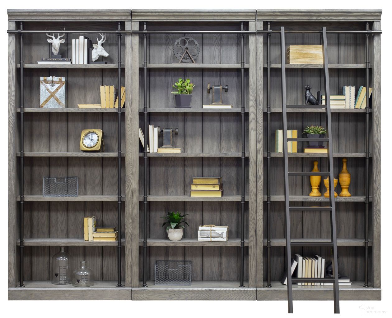 The appearance of Avondale 8' Tall Three Piece Bookcase Wall With Ladder In Gray designed by Martin Furniture in the rustic / southwestern interior design. This gray piece of furniture  was selected by 1StopBedrooms from Avondale Collection to add a touch of cosiness and style into your home. Sku: IMAE4094GKIT3PC. Material: Solid Hardwood.