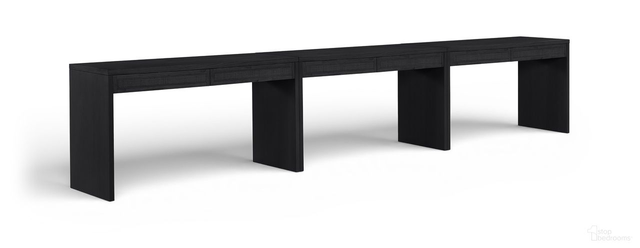 The appearance of Avro Solid Wood and Oak Veneer 3-Piece Desk In Black designed by Meridian in the modern / contemporary interior design. This black piece of furniture  was selected by 1StopBedrooms from Avro Collection to add a touch of cosiness and style into your home. Sku: 77051Black-T;77051Black-T;77051Black-T. Material: MDF.