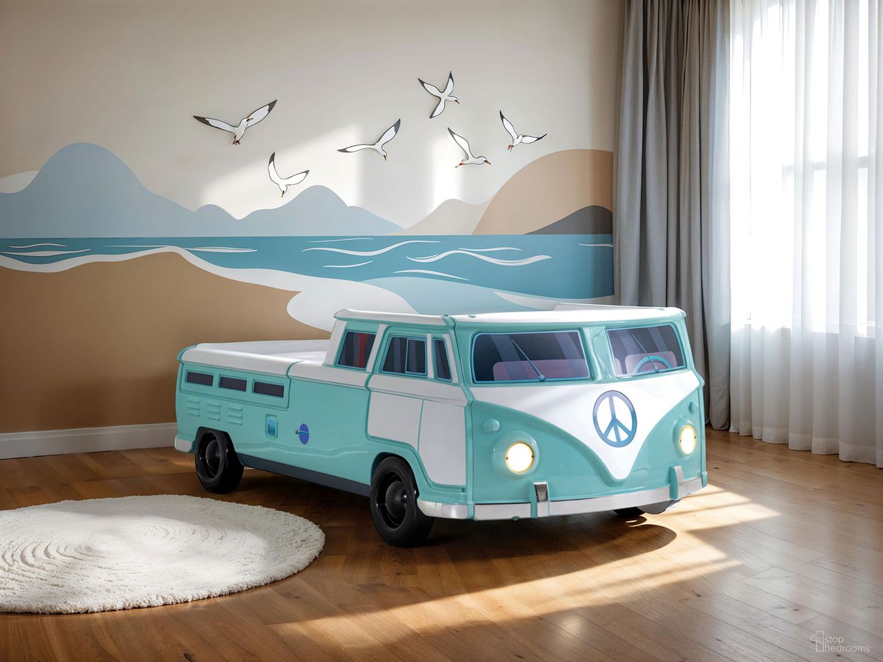 The appearance of Axel Peace Bus Twin Bed In Teal designed by Furniture of America in the transitional interior design. This teal piece of furniture was selected by 1StopBedrooms from Axel Collection to add a touch of cosiness and style into your home. Sku: FOA7726TL-1;FOA7726TL-2;FOA7726TL-3. Bed Type: Platform Bed. Bed Size: Twin. Material: Engineered Wood.