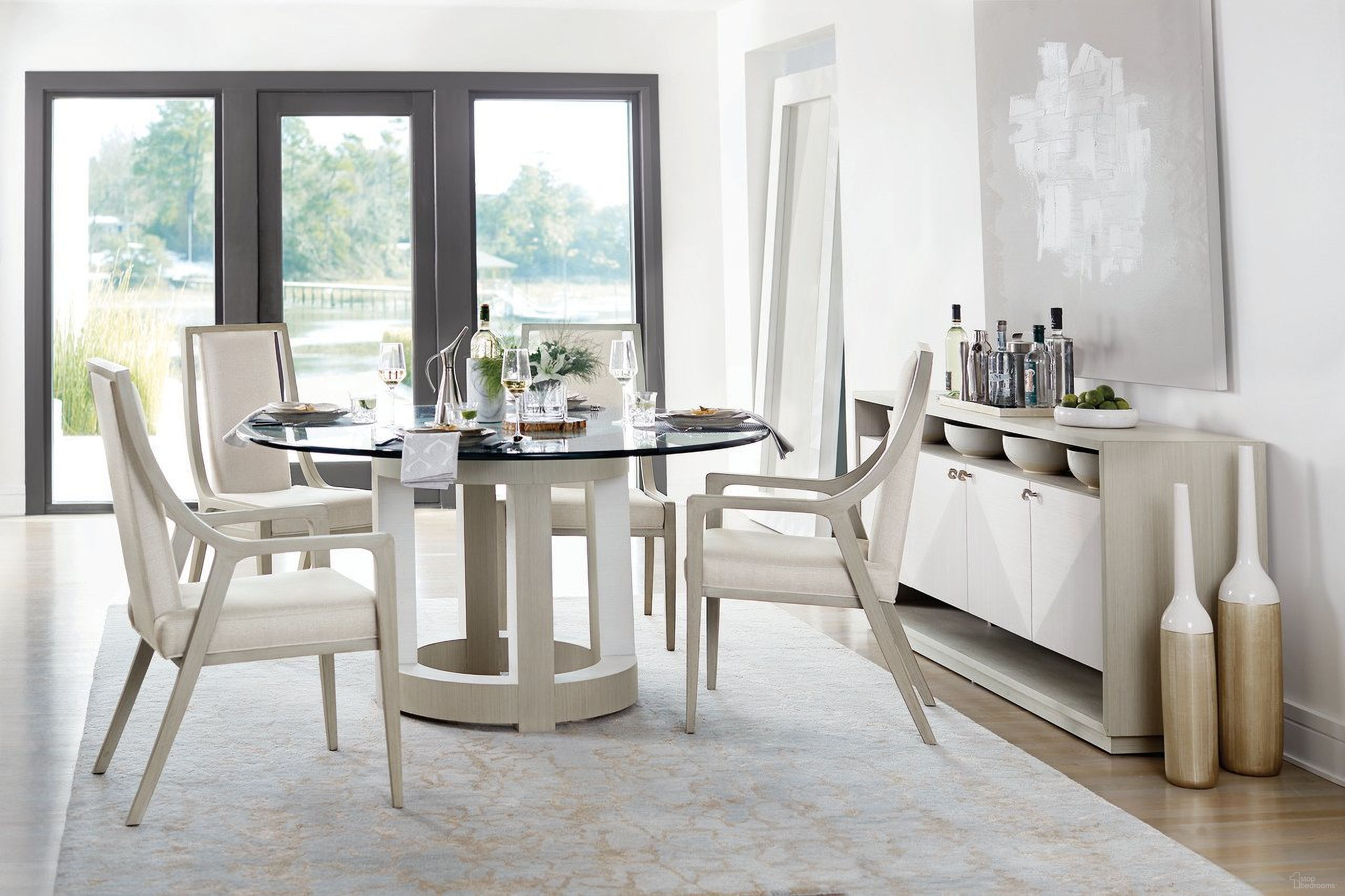 The appearance of Axiom 54" Round Dining Room Set designed by Bernhardt in the transitional interior design. This linear gray/linear white/clear piece of furniture  was selected by 1StopBedrooms from Axiom Collection to add a touch of cosiness and style into your home. Sku: 381773;998054P;381565. Table Base Style: Pedestal. Table Top Shape: Round. Material: Glass. Size: 54".