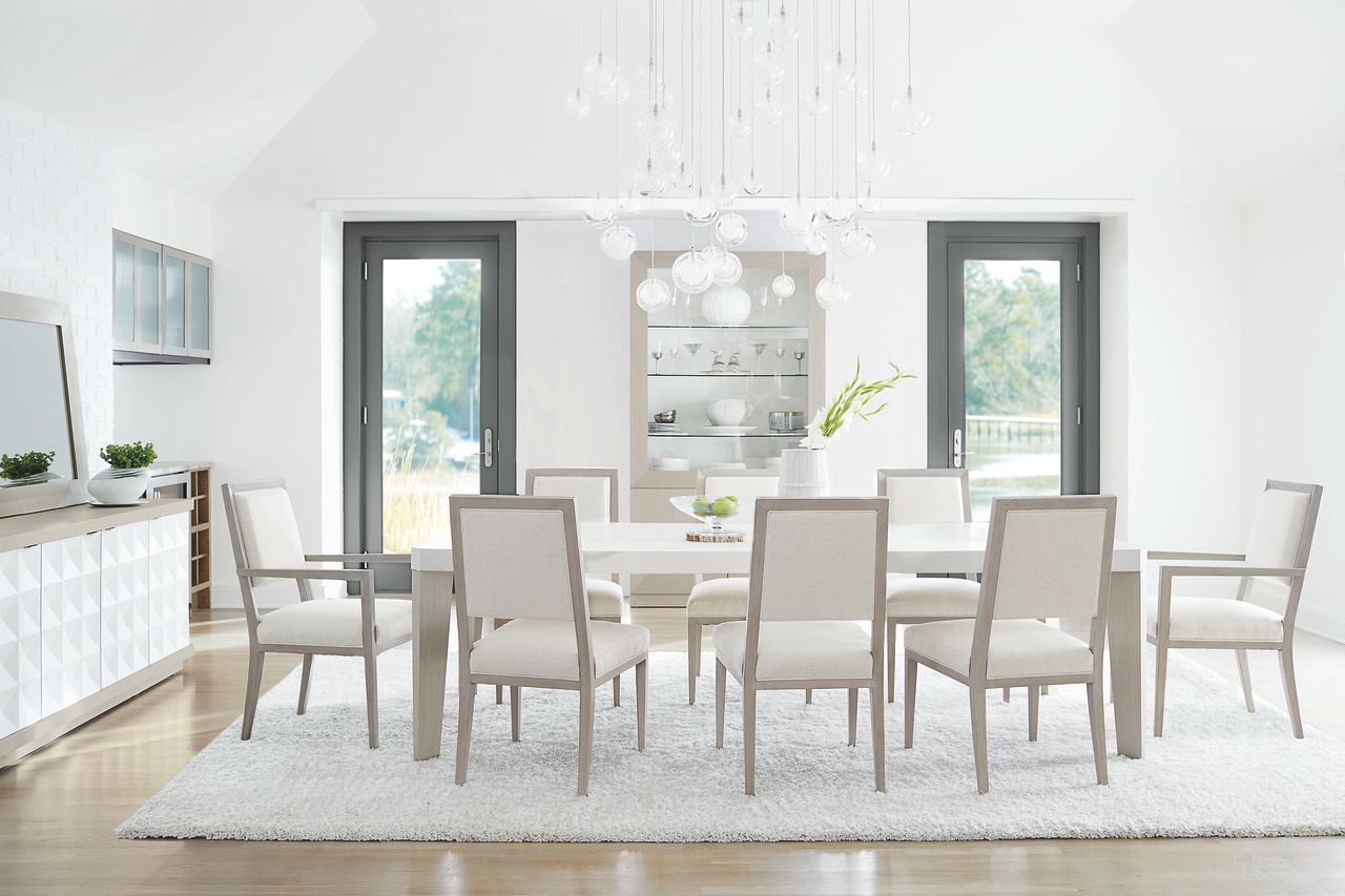 The appearance of Axiom Rectangle Dining Room Set designed by Bernhardt in the modern / contemporary interior design. This linear grey/linear white piece of furniture was selected by 1StopBedrooms from Axiom Collection to add a touch of cosiness and style into your home. Sku: 381222;381541;381541;381541;381541;381541;381541;381542;381542. Table Base Style: Legs. Material: Fabric.