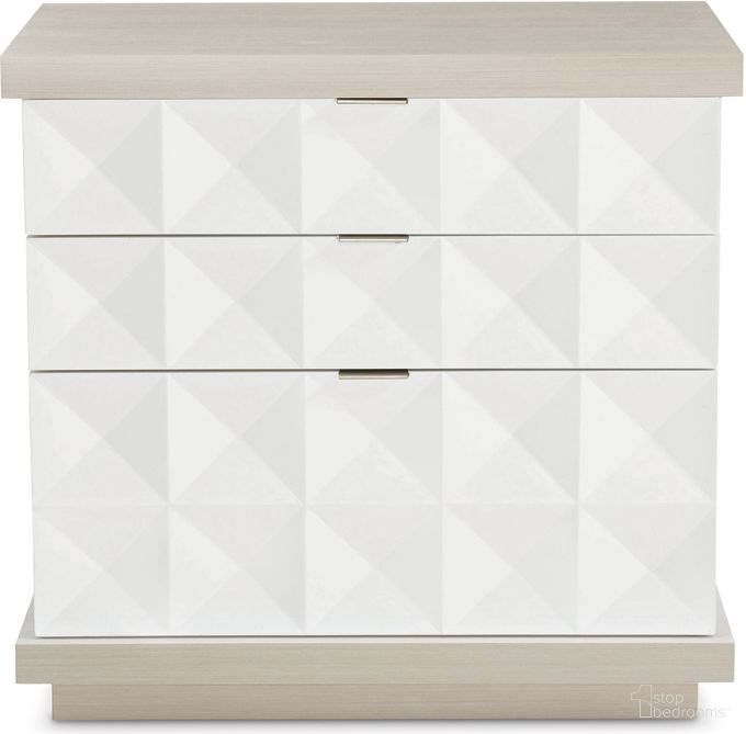 The appearance of Axiom Nightstand designed by Bernhardt in the transitional interior design. This linear gray/linear white piece of furniture  was selected by 1StopBedrooms from Axiom Collection to add a touch of cosiness and style into your home. Sku: 381236. Material: Poplar.