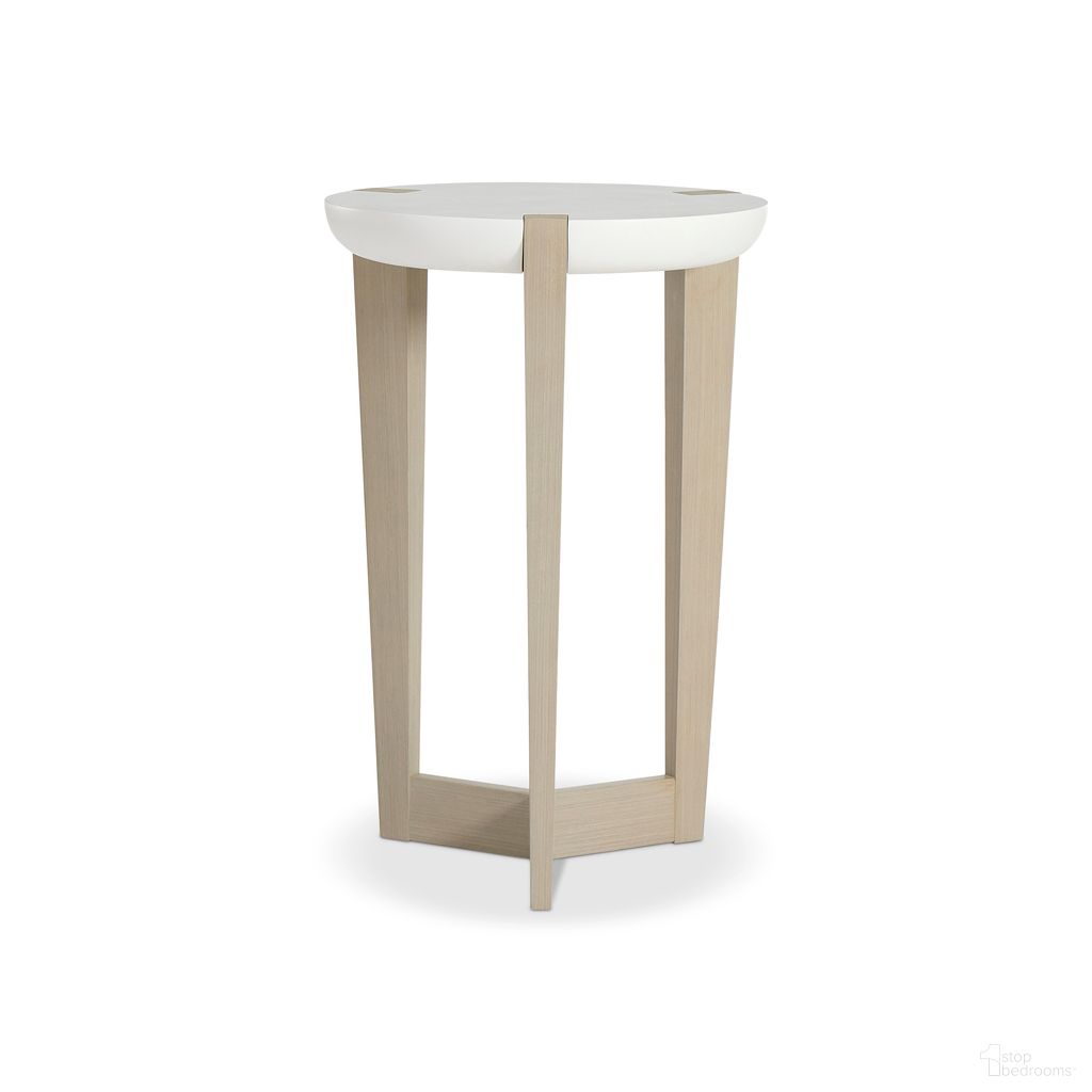 The appearance of Axiom Round 3-Legged Chairside Table designed by Bernhardt in the modern / contemporary interior design. This linear gray/white linen plaster piece of furniture  was selected by 1StopBedrooms from Axiom Collection to add a touch of cosiness and style into your home. Sku: 381122. Material: Maple.