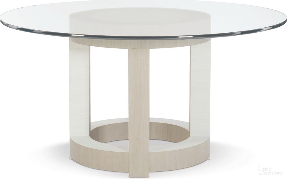 The appearance of Axiom Round Dining Table - 54" designed by Bernhardt in the transitional interior design. This linear gray/linear white/clear piece of furniture was selected by 1StopBedrooms from Axiom Collection to add a touch of cosiness and style into your home. Sku: 381773;998054P. Table Base Style: Pedestal. Table Top Shape: Round. Material: Glass. Size: 54".
