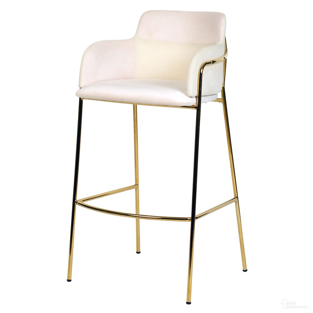 The appearance of Axis Modern Gold Bar Height Chair In Beige designed by LeisureMod in the modern / contemporary interior design. This beige piece of furniture was selected by 1StopBedrooms from Axis Collection to add a touch of cosiness and style into your home. Sku: ACG29BG. Material: Velvet.