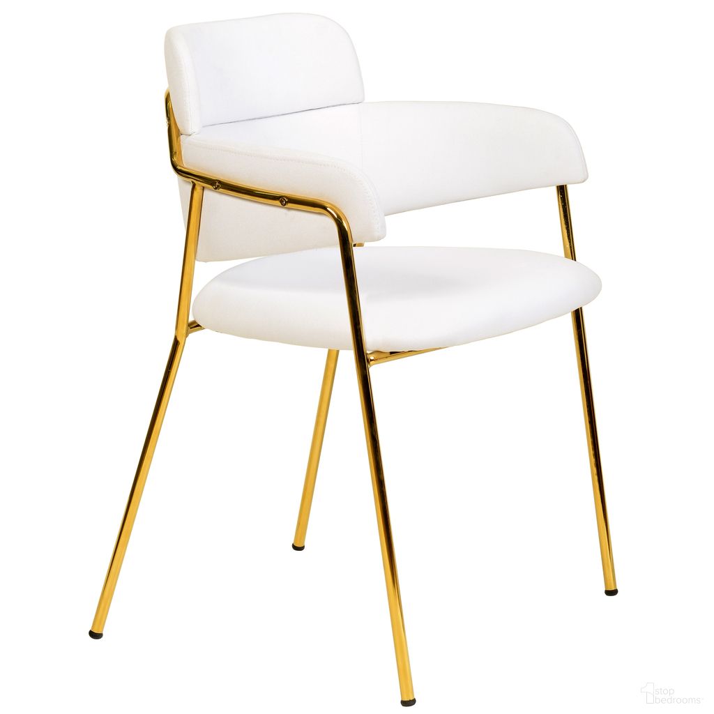 The appearance of Axis Modern Gold Dining Chair In White designed by LeisureMod in the modern / contemporary interior design. This white piece of furniture was selected by 1StopBedrooms from Axis Collection to add a touch of cosiness and style into your home. Sku: ACG22W. Material: Polyester. Chair Type: Arm Chair.