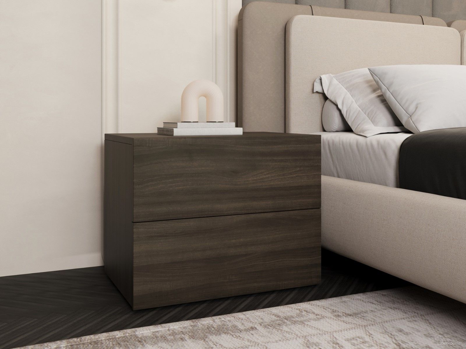 The appearance of Ayla Melamine Nightstand In Dark Oak designed by Casabianca Home in the modern / contemporary interior design. This dark oak piece of furniture was selected by 1StopBedrooms from Ayla Collection to add a touch of cosiness and style into your home. Sku: US-253DO. Material: MDF.