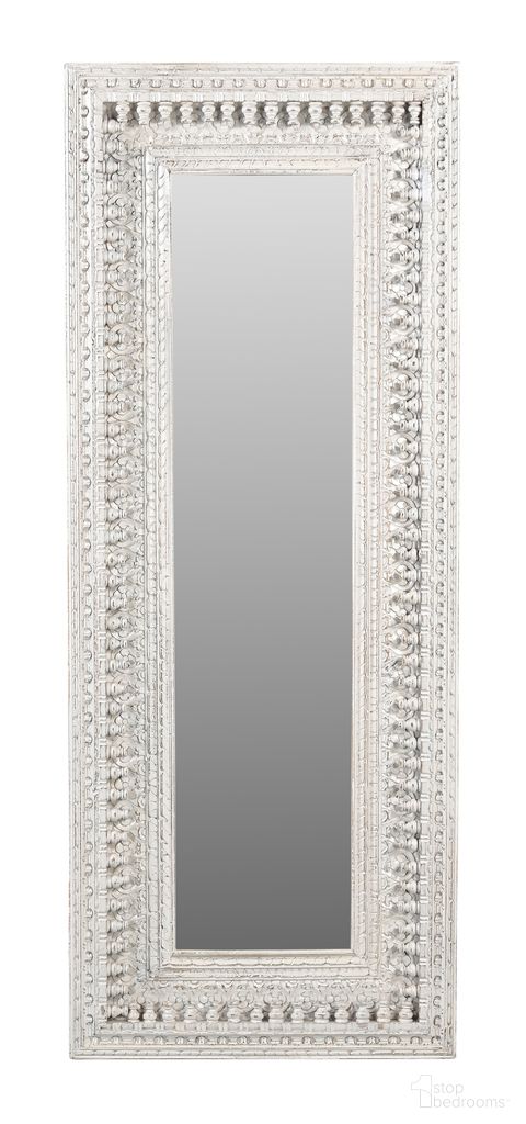 The appearance of Ayla Handcarved Solid Wood Mirror In Distressed White designed by Moti in the traditional interior design. This distressed white piece of furniture  was selected by 1StopBedrooms from Carter Collection to add a touch of cosiness and style into your home. Sku: 43007026. Material: Mango Wood.