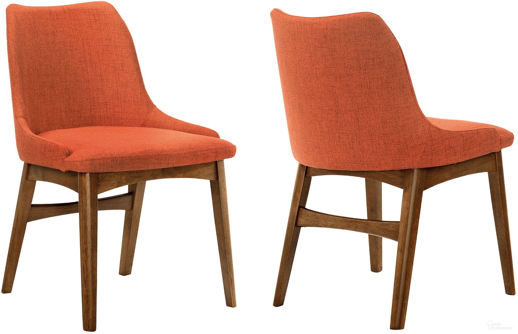 The appearance of Azalea Orange Fabric and Walnut Wood Dining Side Chair Set of 2 designed by Armen Living in the modern / contemporary interior design. This orange piece of furniture  was selected by 1StopBedrooms from Azalea Collection to add a touch of cosiness and style into your home. Sku: LCAZSIWAOR. Material: Rubberwood. Chair Type: Side Chair.
