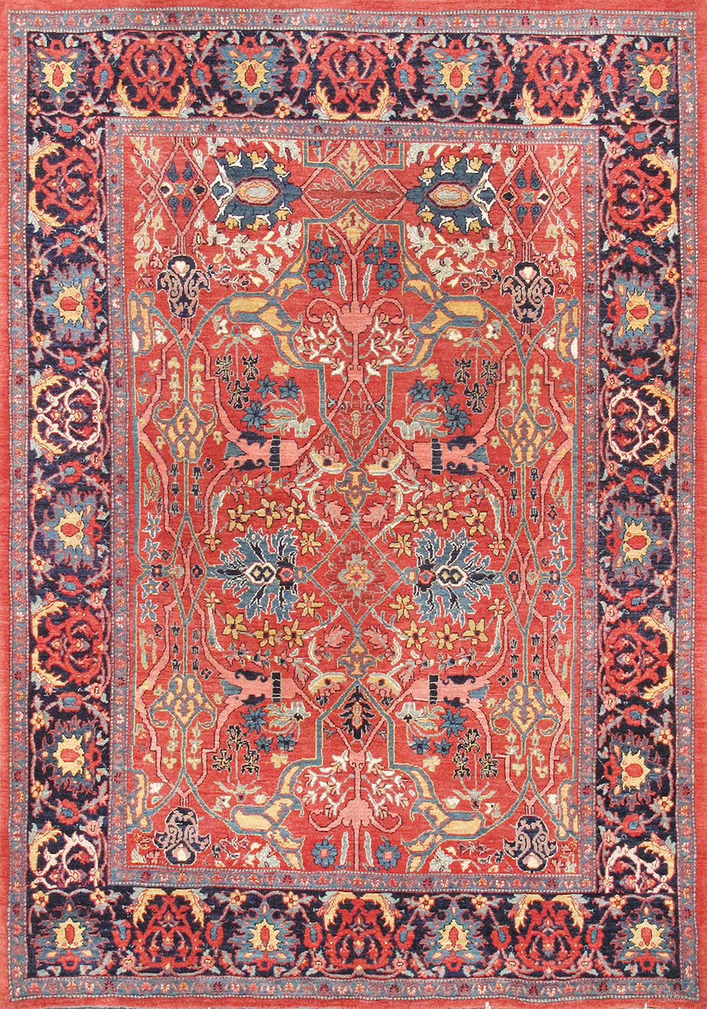 Azerbaijan Collection Hand-Knotted Lamb's Wool Area Rug- 5' 6" x 7' 6" In Rust and Navy