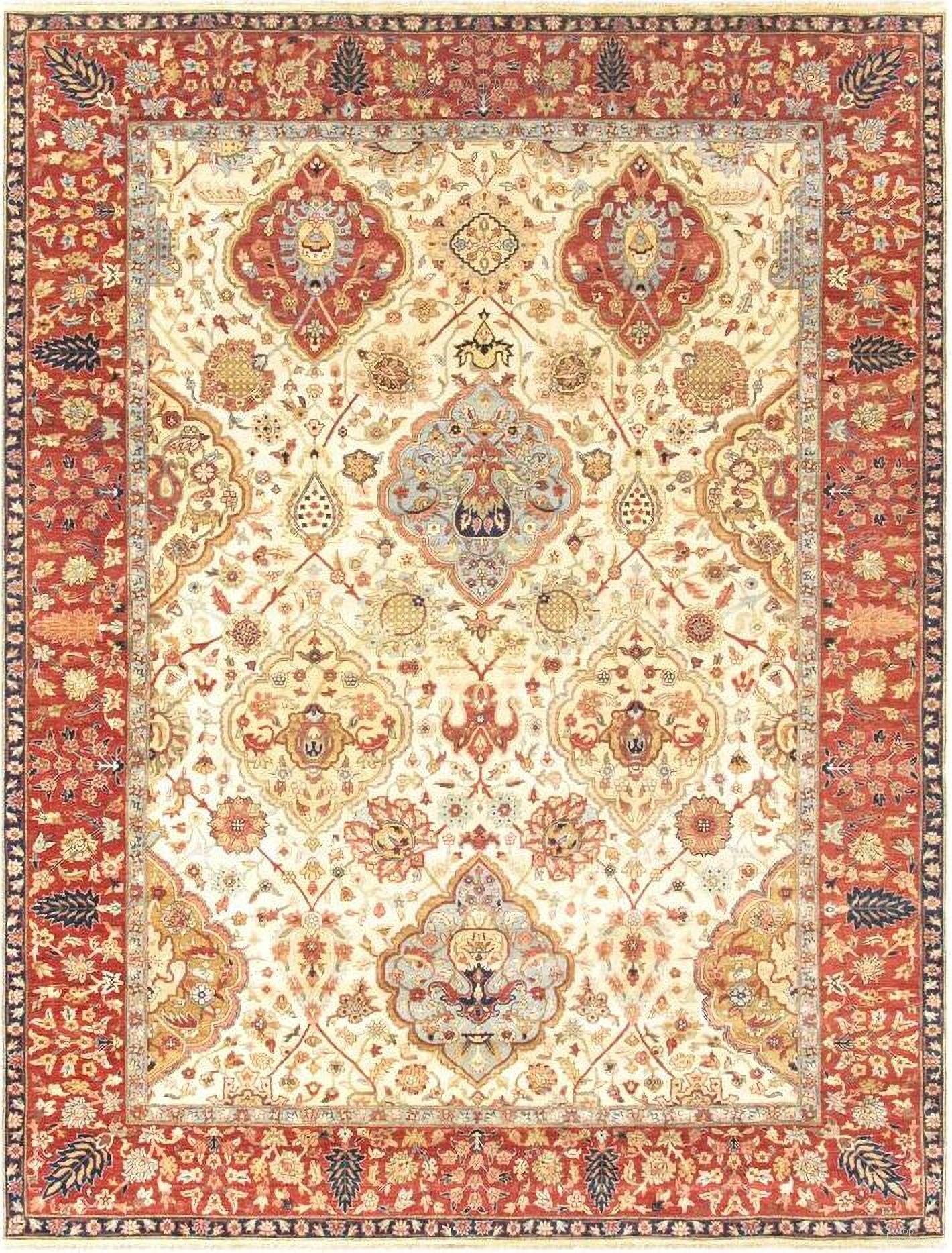 Azerbaijan Collection Hand-Knotted Lamb's Wool Area Rug- 8'11" x 11'10" In Ivory and Rust