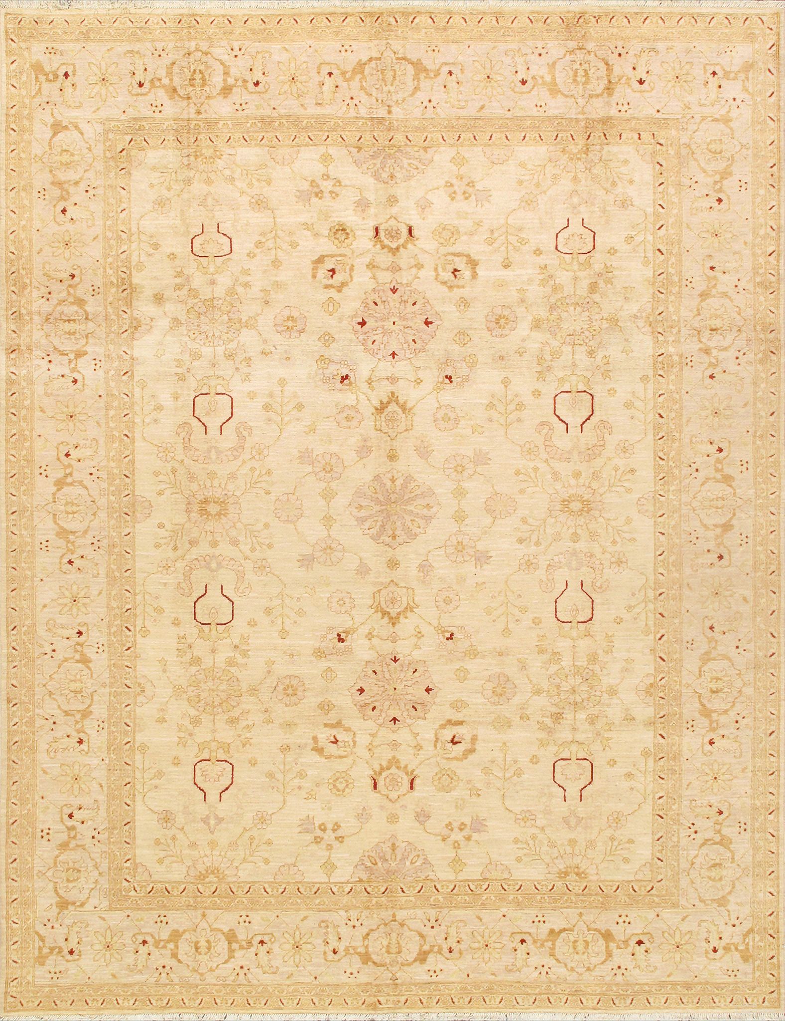 Azerbaijan Collection Hand-Knotted Lamb's Wool Area Rug- 9' 1" x 12' In Ivory and Camel