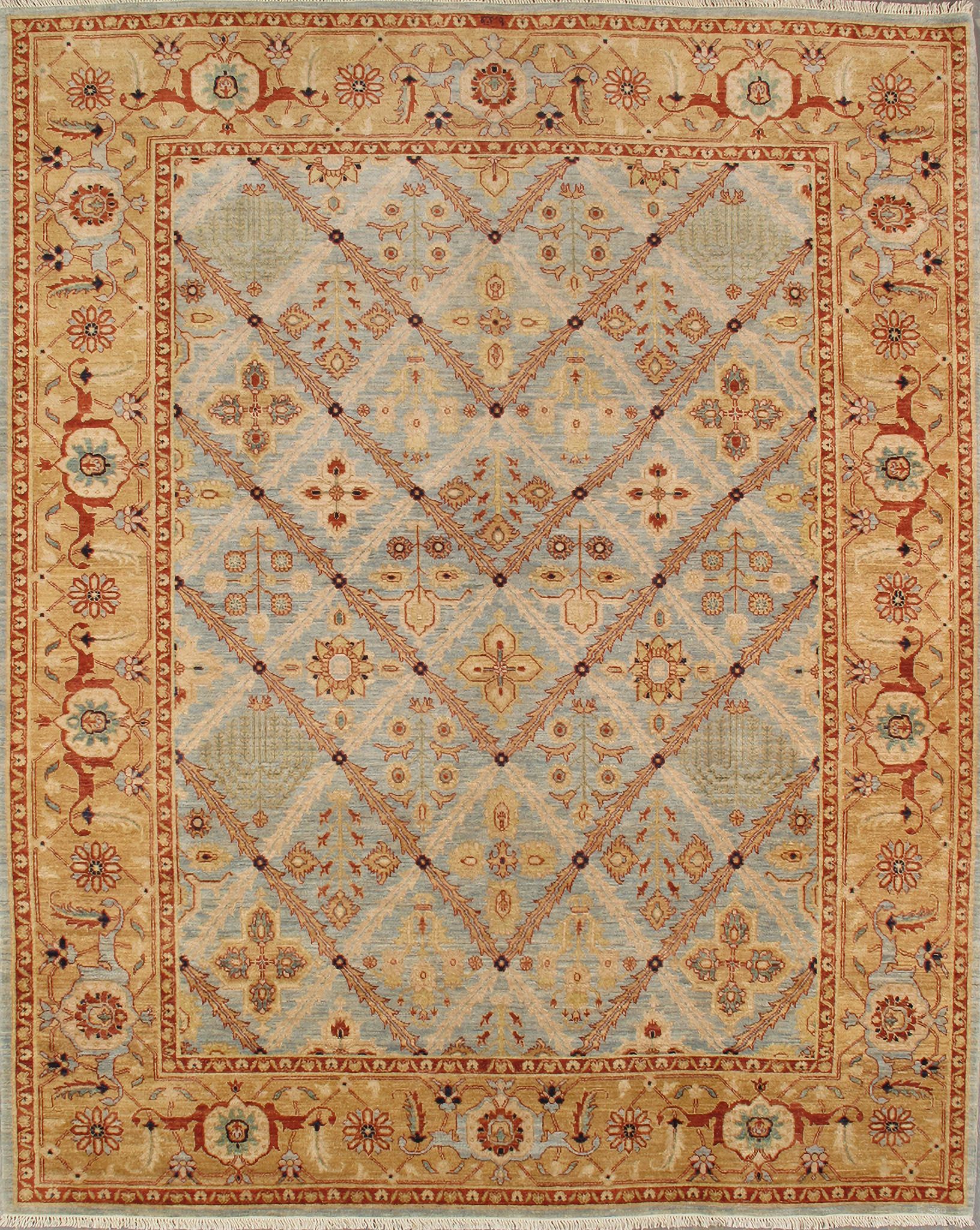 Azerbaijan Collection Hand-Knotted Lamb's Wool Area Rug- 9' 2" x 12' In Light Blue and Camel