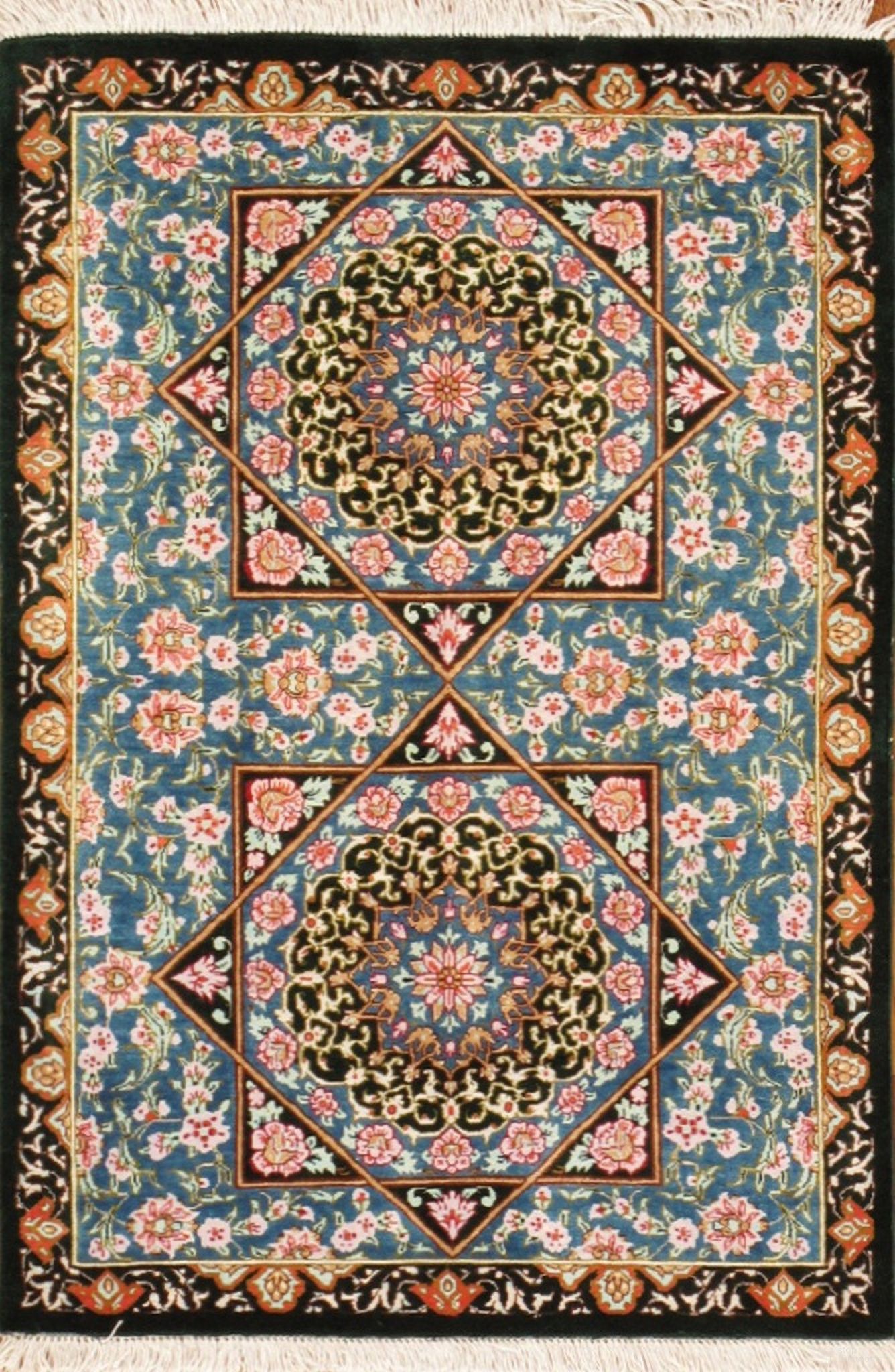 Azerbaijan Collection Hand-Knotted Pure Silk Area Rug- 1'10" x 2'8" In Multi