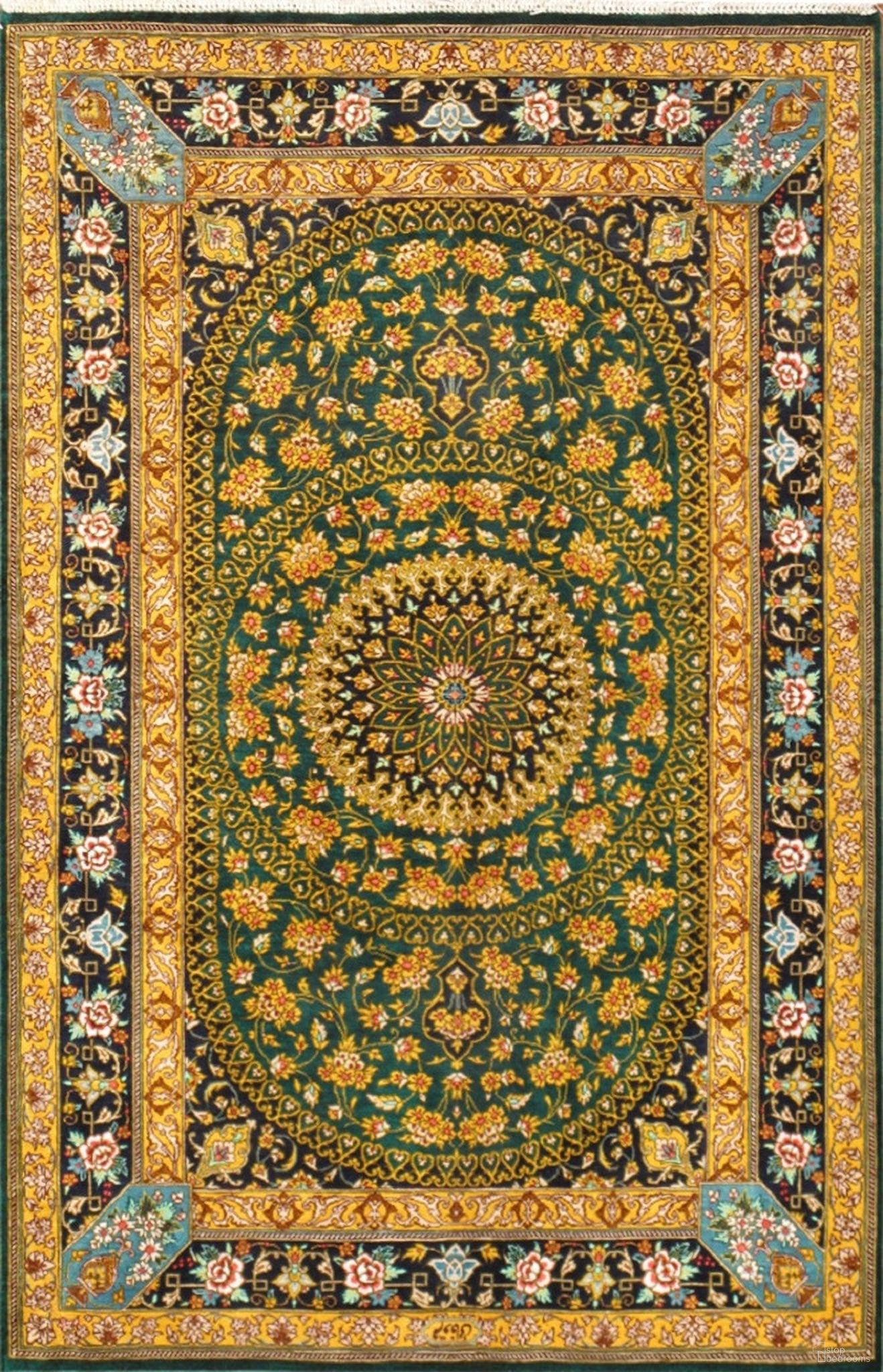 Azerbaijan Collection Hand-Knotted Pure Silk Area Rug- 2' 6" x 4' In Green