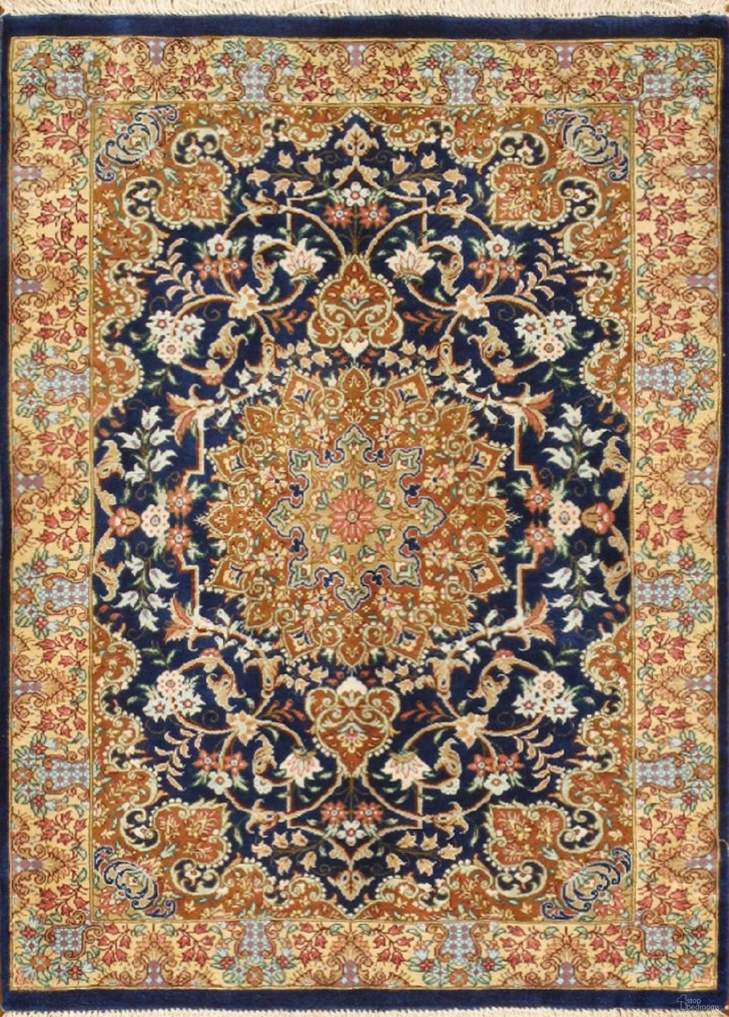 Azerbaijan Collection Hand-Knotted Pure Silk Area Rug- 2' x 2' 7" In Navy and Gold