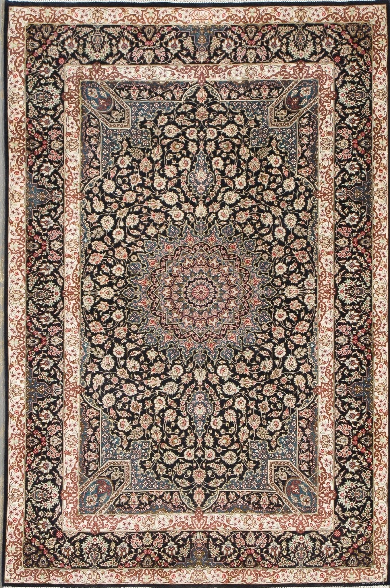 Azerbaijan Collection Hand-Knotted Pure Silk Area Rug- 3' 2" x 4'10" In Black