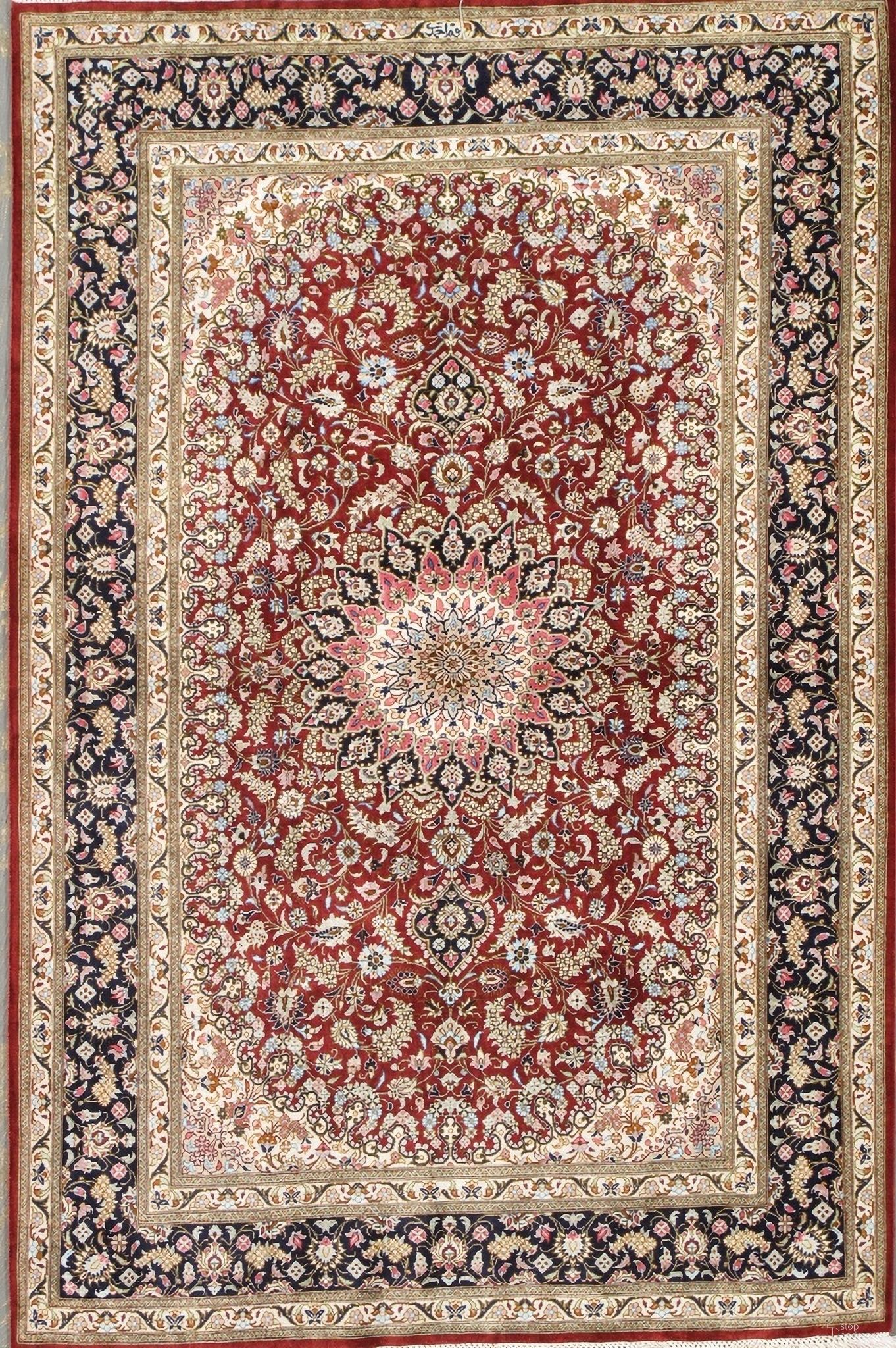 Azerbaijan Collection Hand-Knotted Pure Silk Area Rug- 3' 3" x 4'11" In Red and Navy