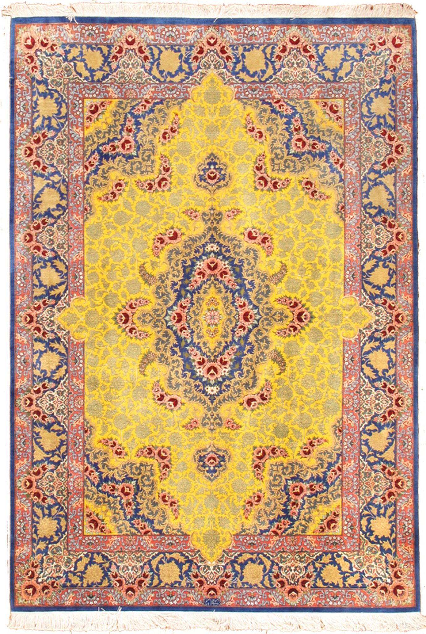 Azerbaijan Collection Hand-Knotted Pure Silk Area Rug- 4' 4" x 6' 4" In Yellow and Gold