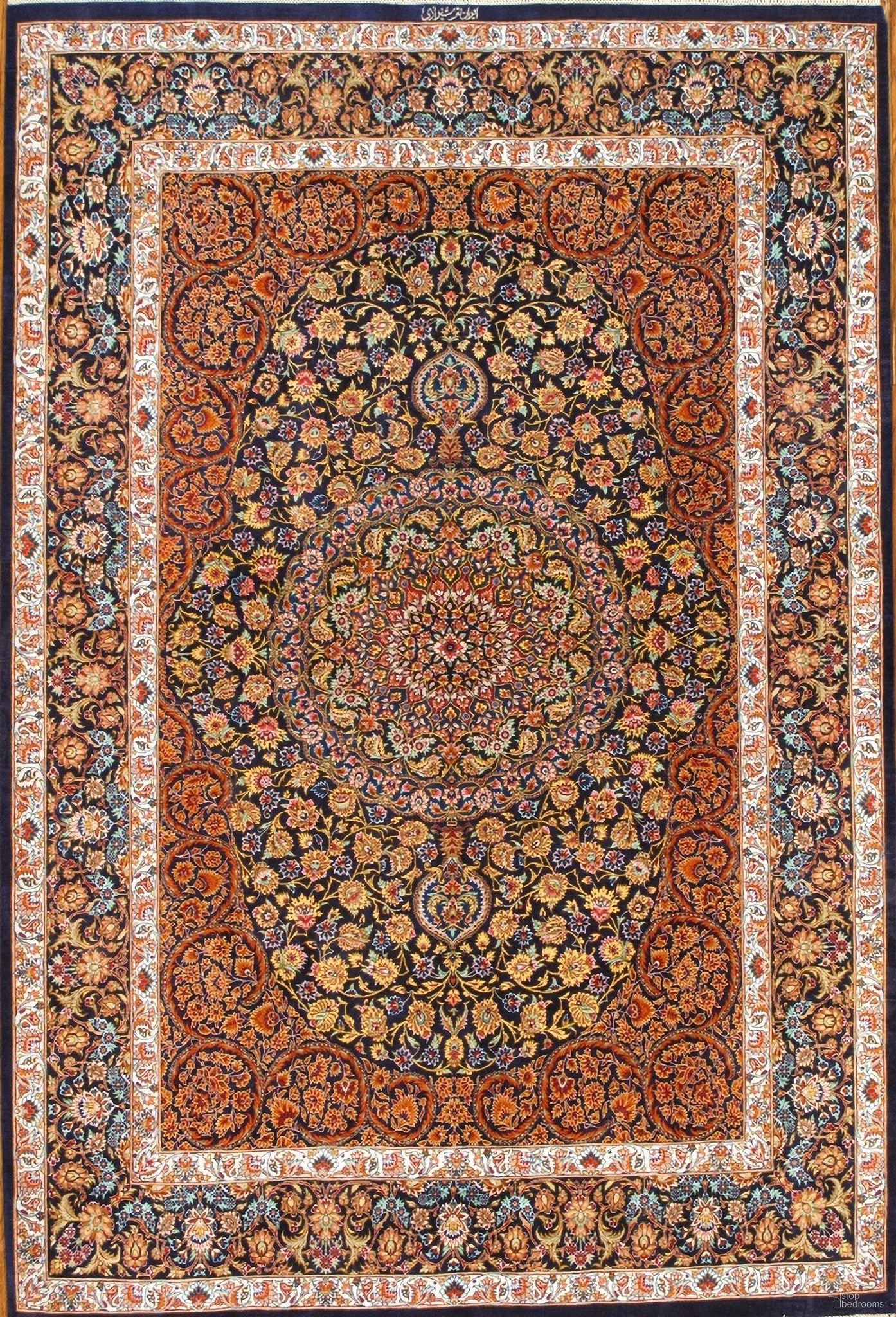 Azerbaijan Collection Hand-Knotted Pure Silk Area Rug- 4' 6" x 6' 8" In Navy