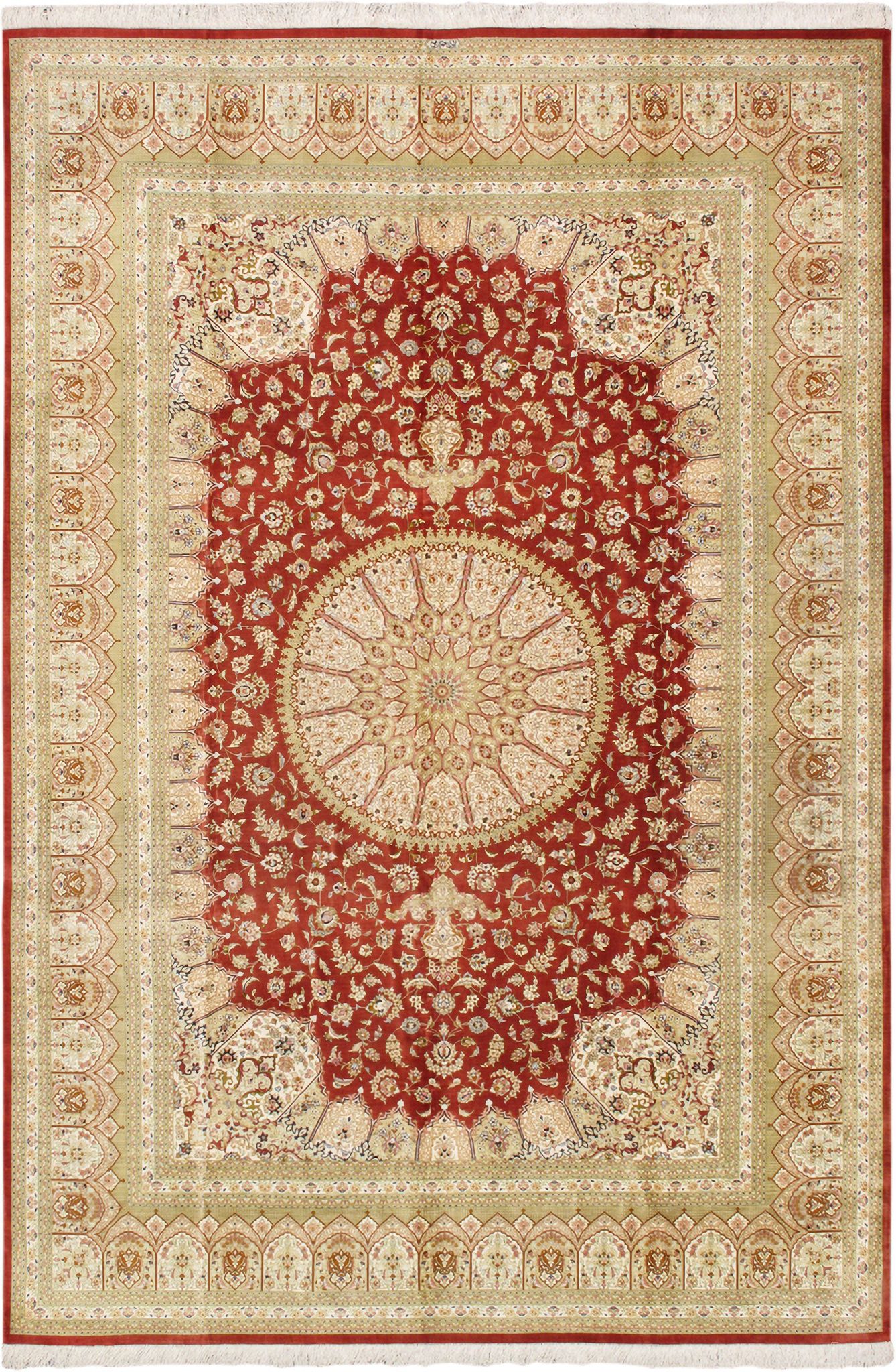 Azerbaijan Collection Hand-Knotted Pure Silk Area Rug- 7'10" x 11' 7" In Coral and Light Green