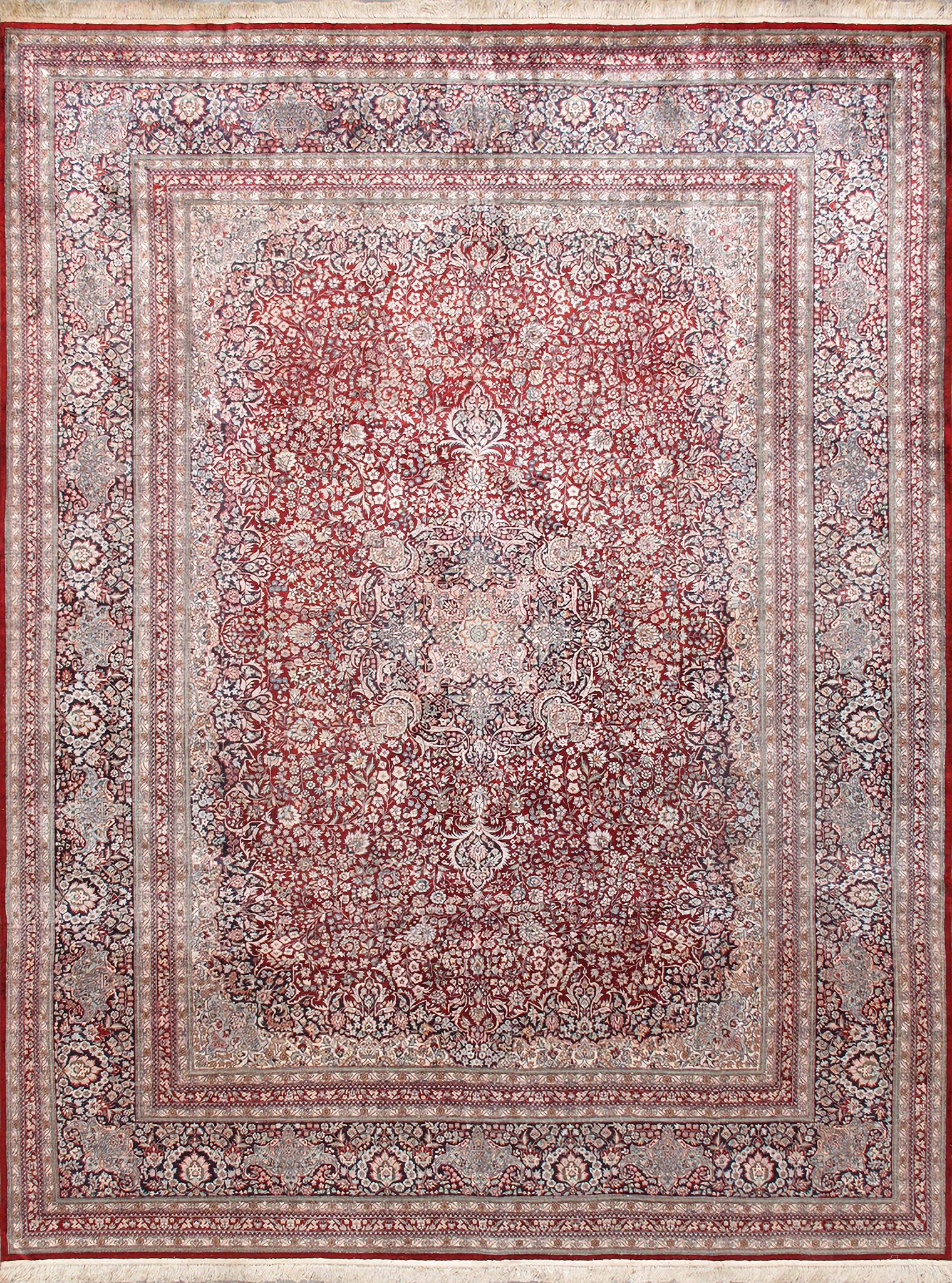 Azerbaijan Collection Hand-Knotted Pure Silk Area Rug- 9' 3" x 12' 1" In Red and Navy