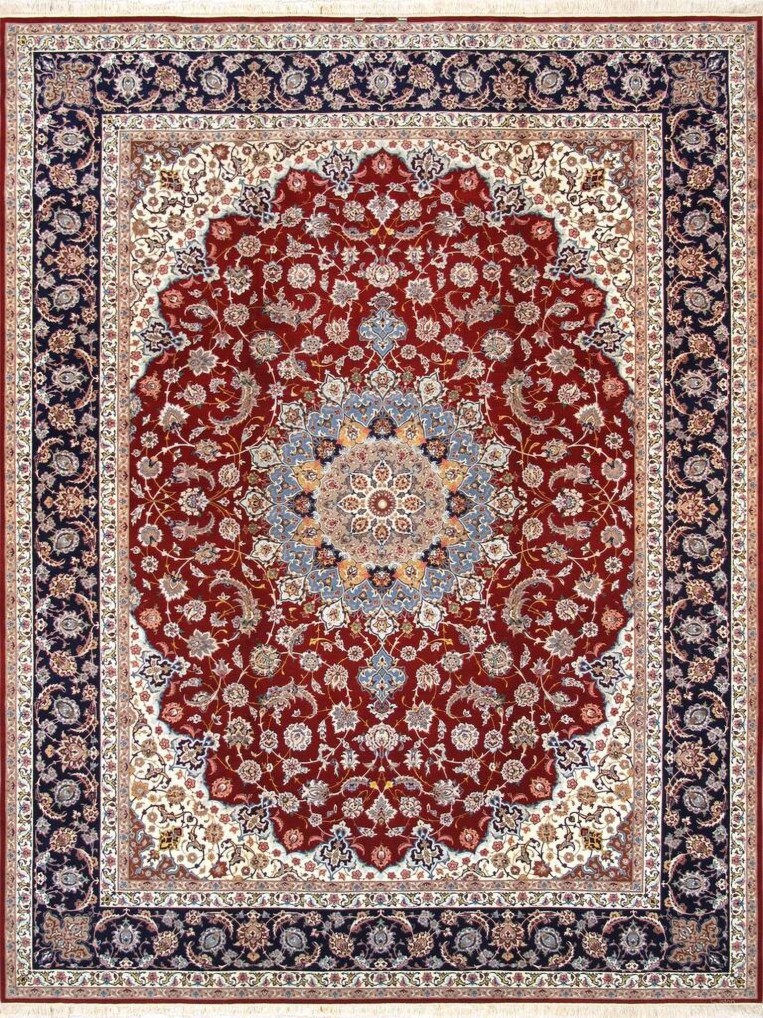 Azerbaijan Collection Hand-Knotted Silk and Wool Area Rug-10' 2" x 13' 3" In Red and Navy