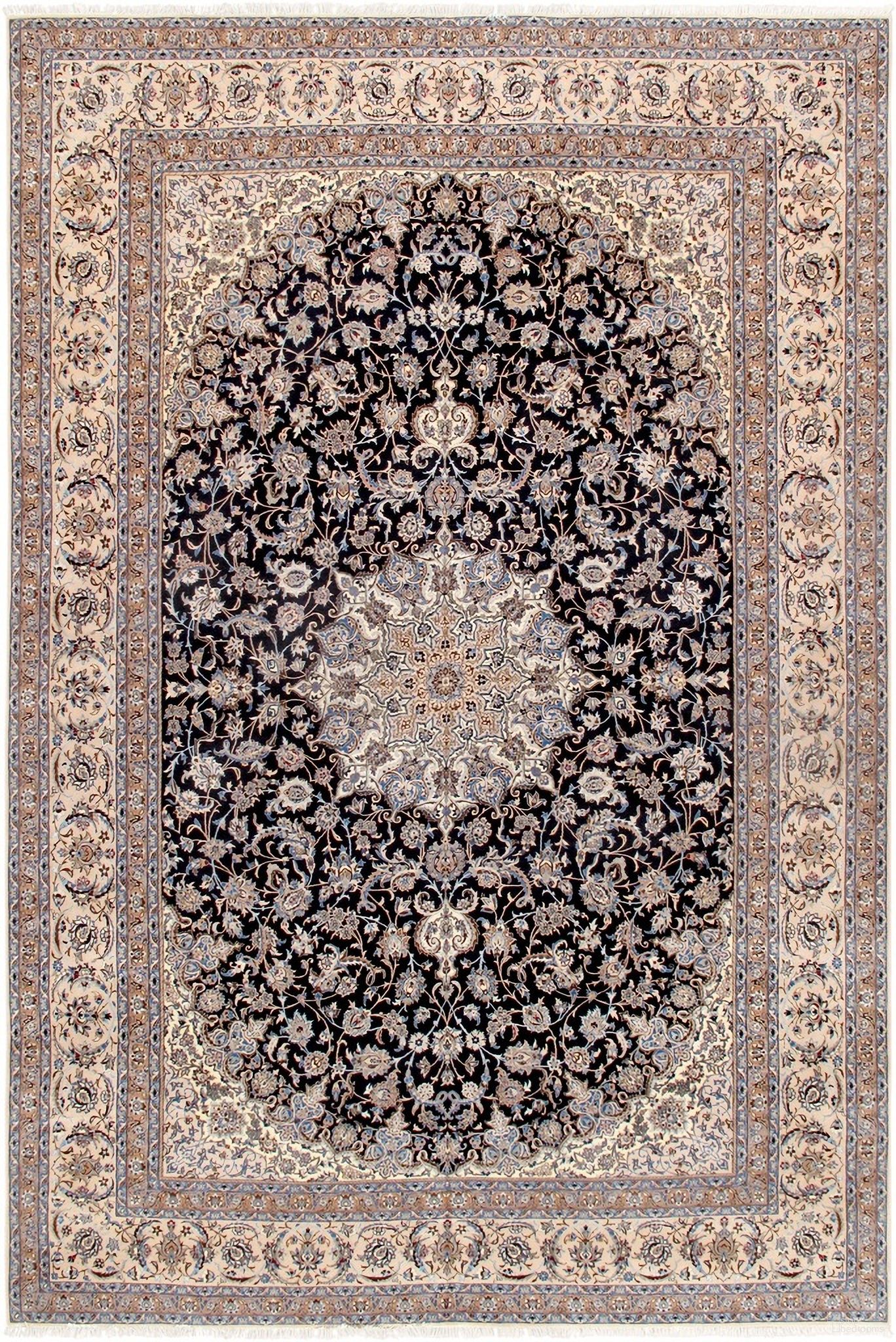 Azerbaijan Collection Hand-Knotted Silk and Wool Area Rug-11'10" x 18' In Beige and Navy