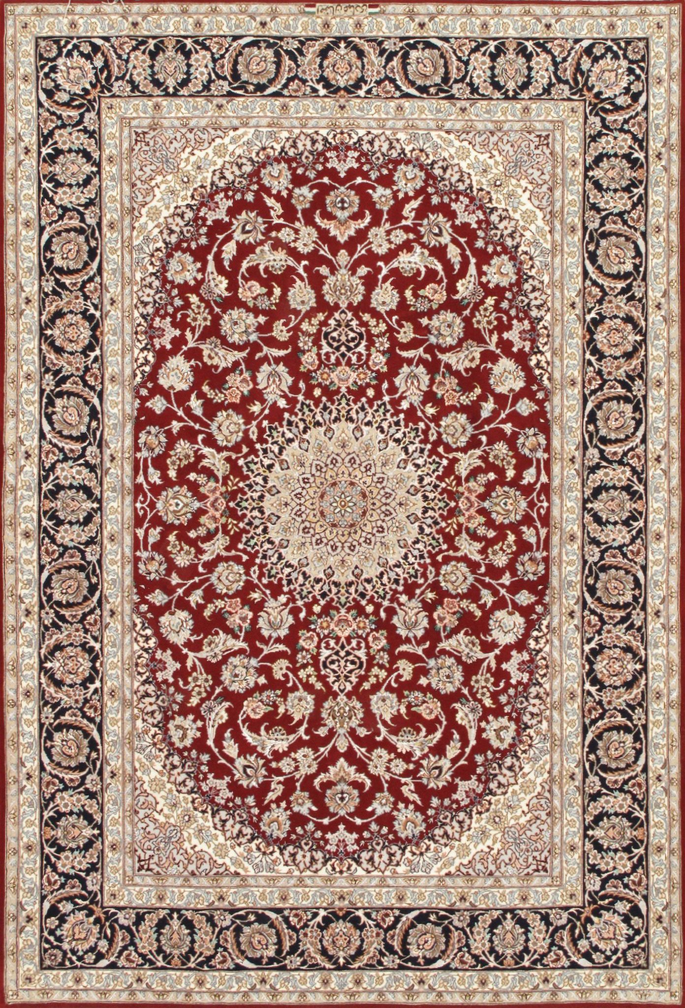 Azerbaijan Collection Hand-Knotted Silk and Wool Area Rug- 5' 2" x 7' 8" In Red and Navy