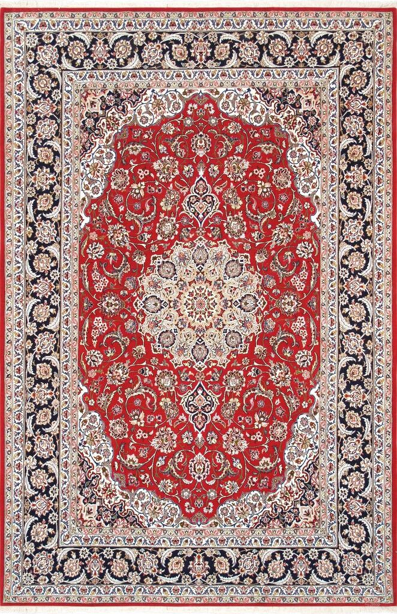 Azerbaijan Collection Hand-Knotted Silk and Wool Area Rug- 5' x 7' 8" In Red and Navy