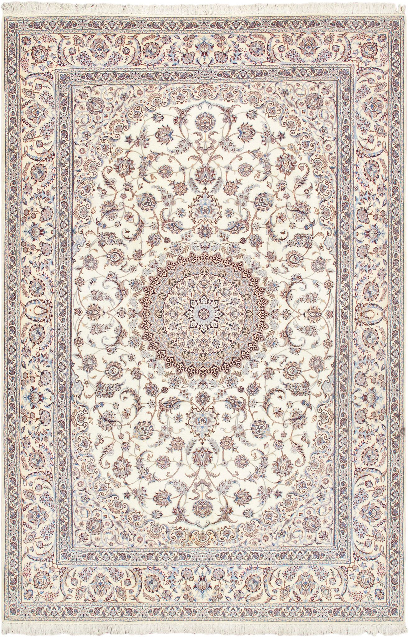 Azerbaijan Collection Hand-Knotted Silk and Wool Area Rug- 6'10" x 10' 3" In Ivory