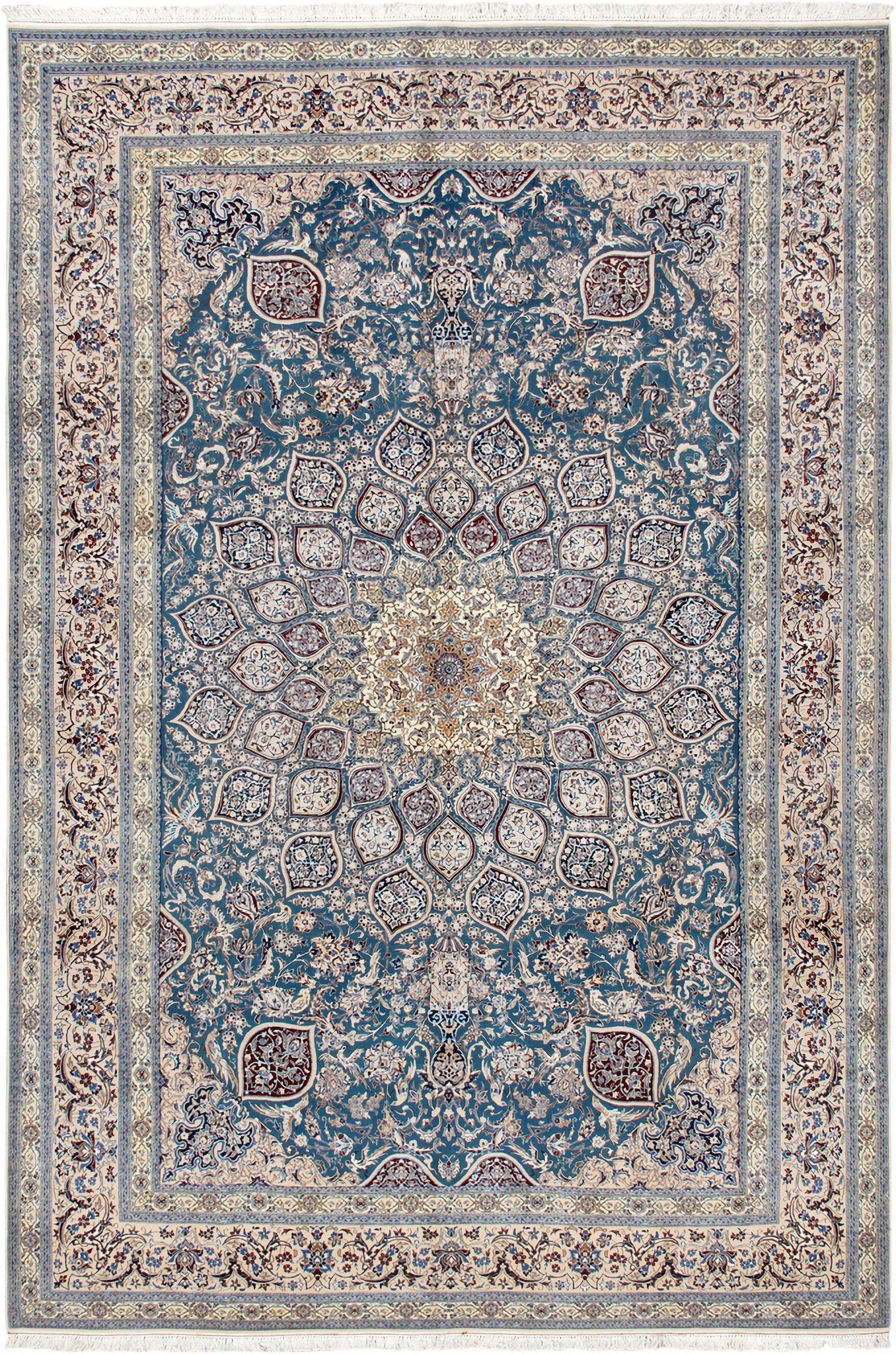 Azerbaijan Collection Hand-Knotted Silk and Wool Area Rug- 6'11" x 10' 7" In Ivory and Green