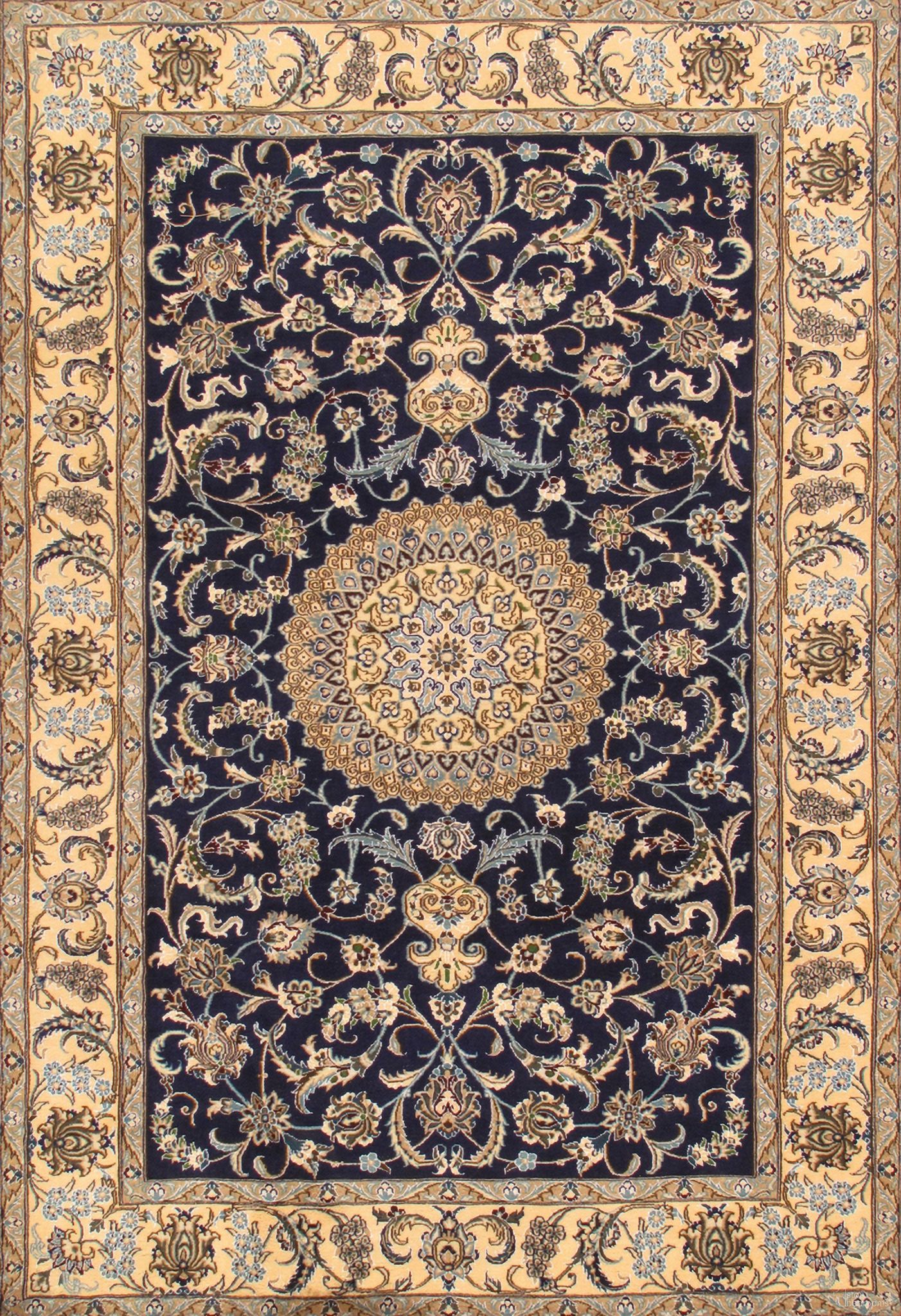 Azerbaijan Collection Hand-Knotted Silk and Wool Area Rug- 6' 5" x 9' 9" In Navy and Ivory