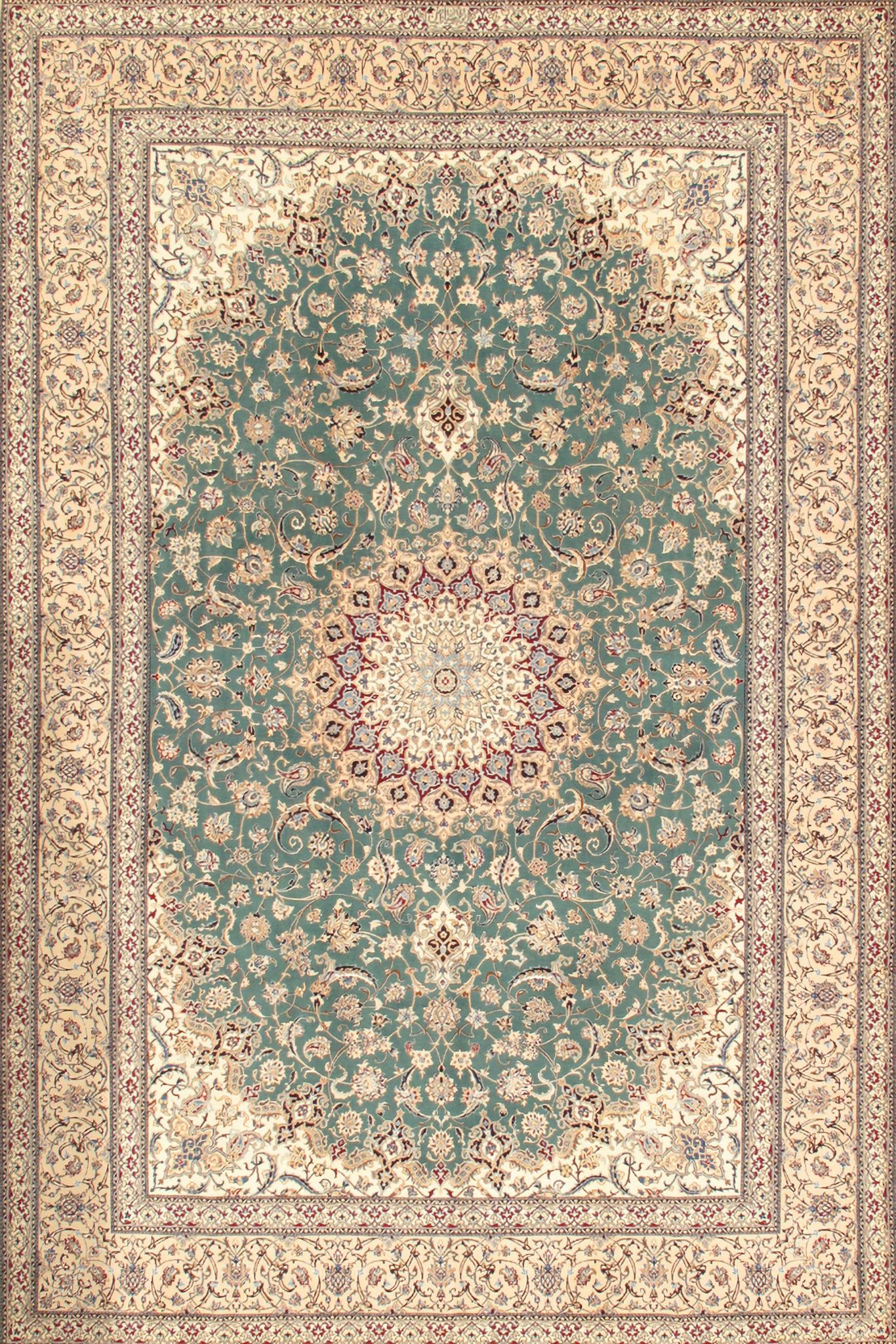 Azerbaijan Collection Hand-Knotted Silk and Wool Area Rug- 6' 7" x 10' 7" In Ivory and Green