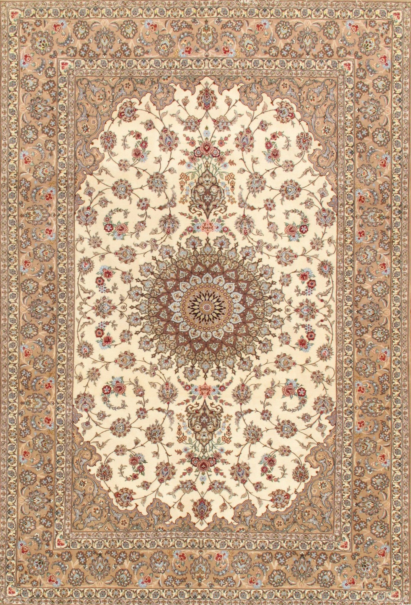 Azerbaijan Collection Hand-Knotted Silk and Wool Area Rug- 6' 9" x 10' 2" In Ivory and Coco