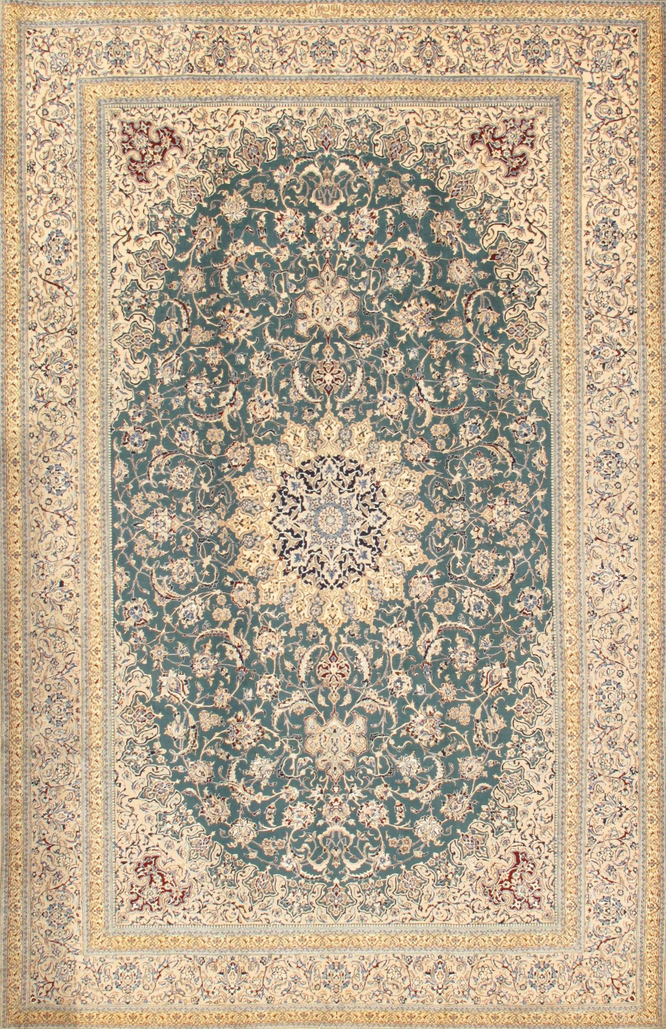 Azerbaijan Collection Hand-Knotted Silk and Wool Area Rug- 7' 1" x 10'11" In Ivory and Green