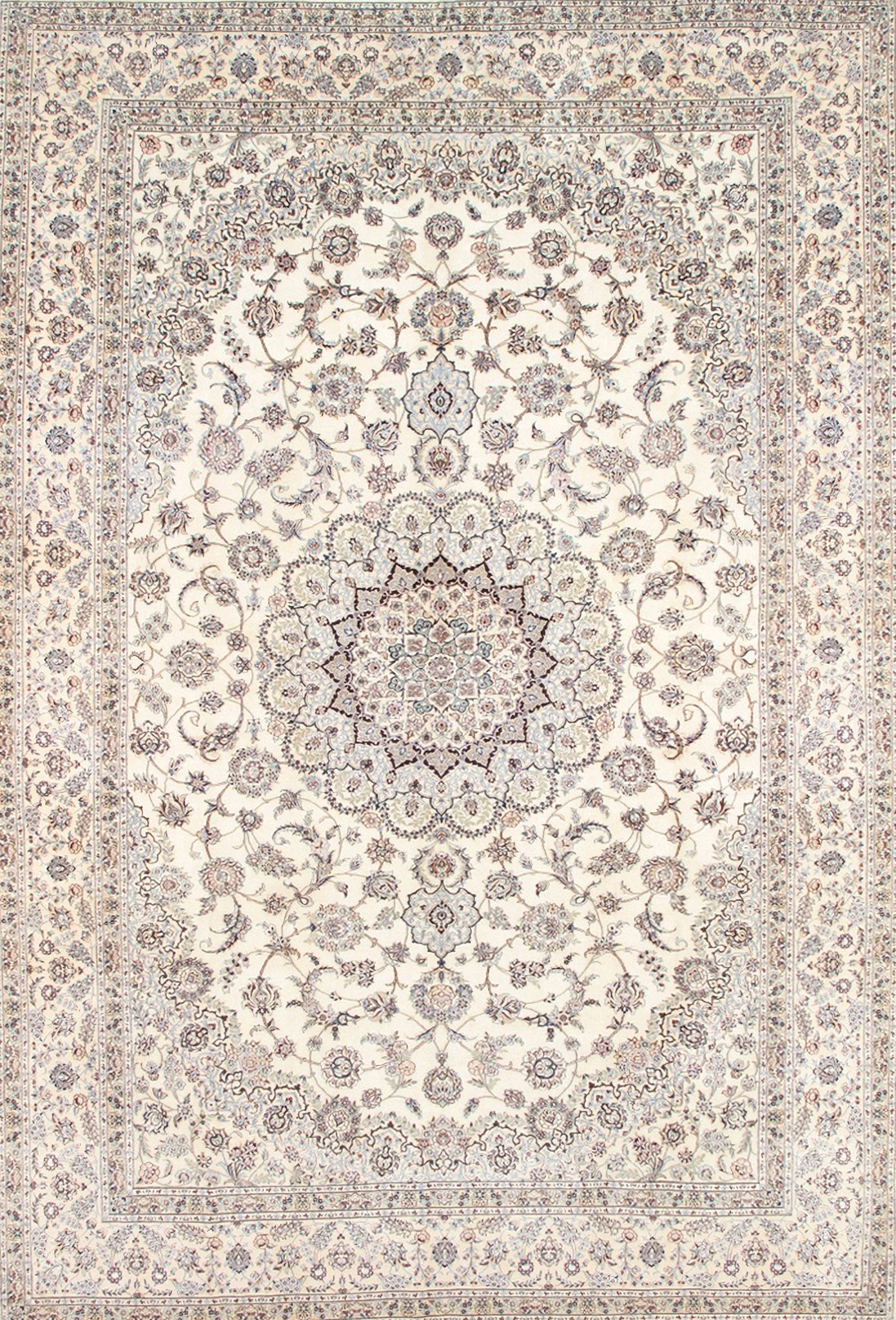Azerbaijan Collection Hand-Knotted Silk and Wool Area Rug- 7' 3" x 10' 9" In Ivory