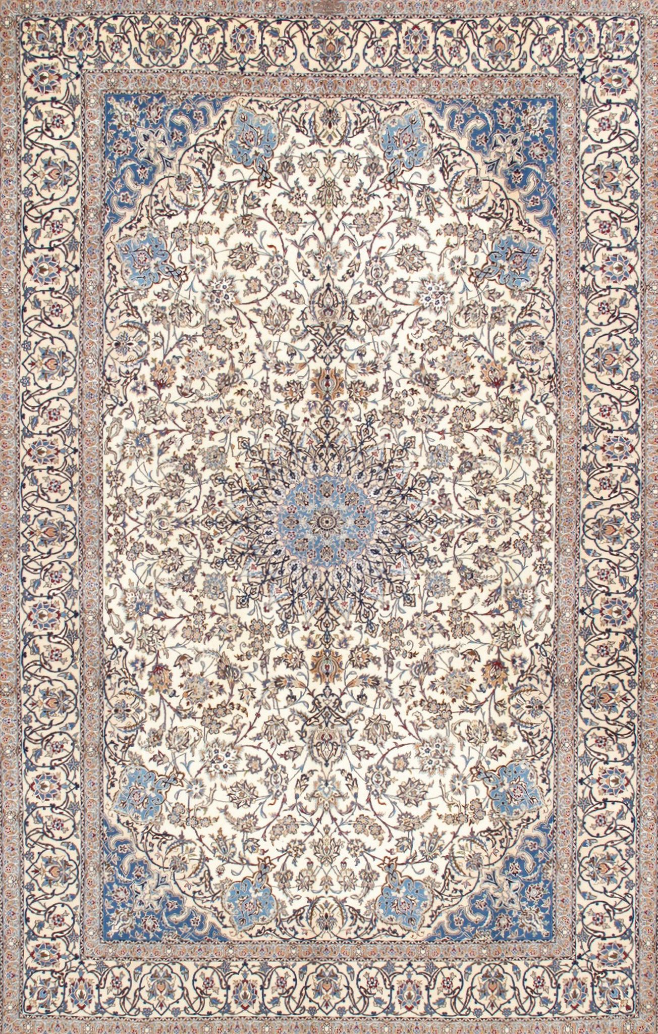 Azerbaijan Collection Hand-Knotted Silk and Wool Area Rug- 7' 3" x 11'11" In Ivory