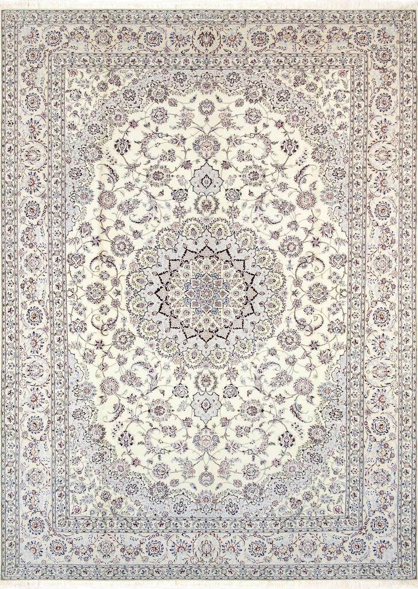 Azerbaijan Collection Hand-Knotted Silk and Wool Area Rug- 8' 2" x 11' 5" In Ivory
